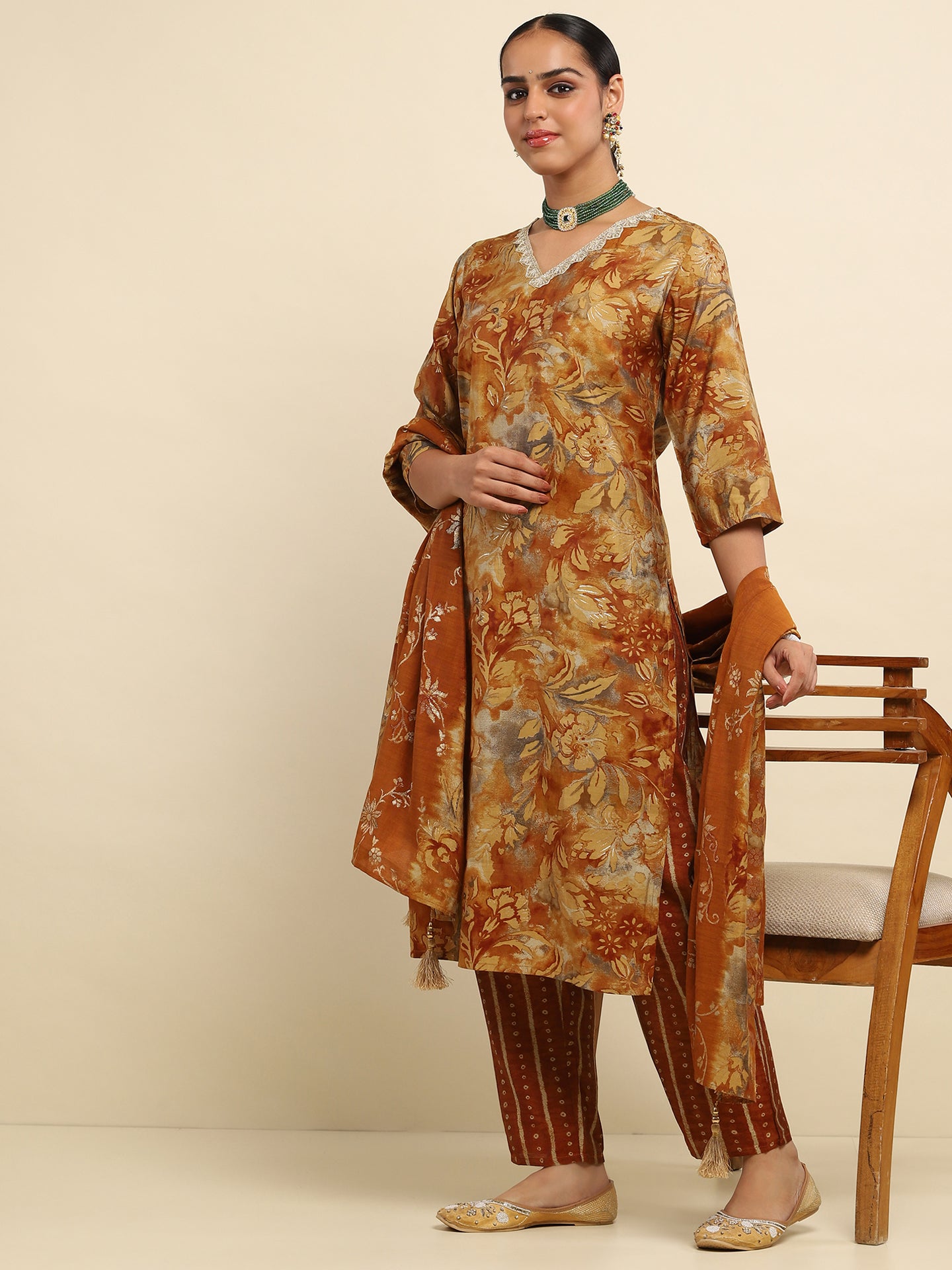 Cotton Embroidered Printed Women's 3 PC Long Kurta Set- Brown