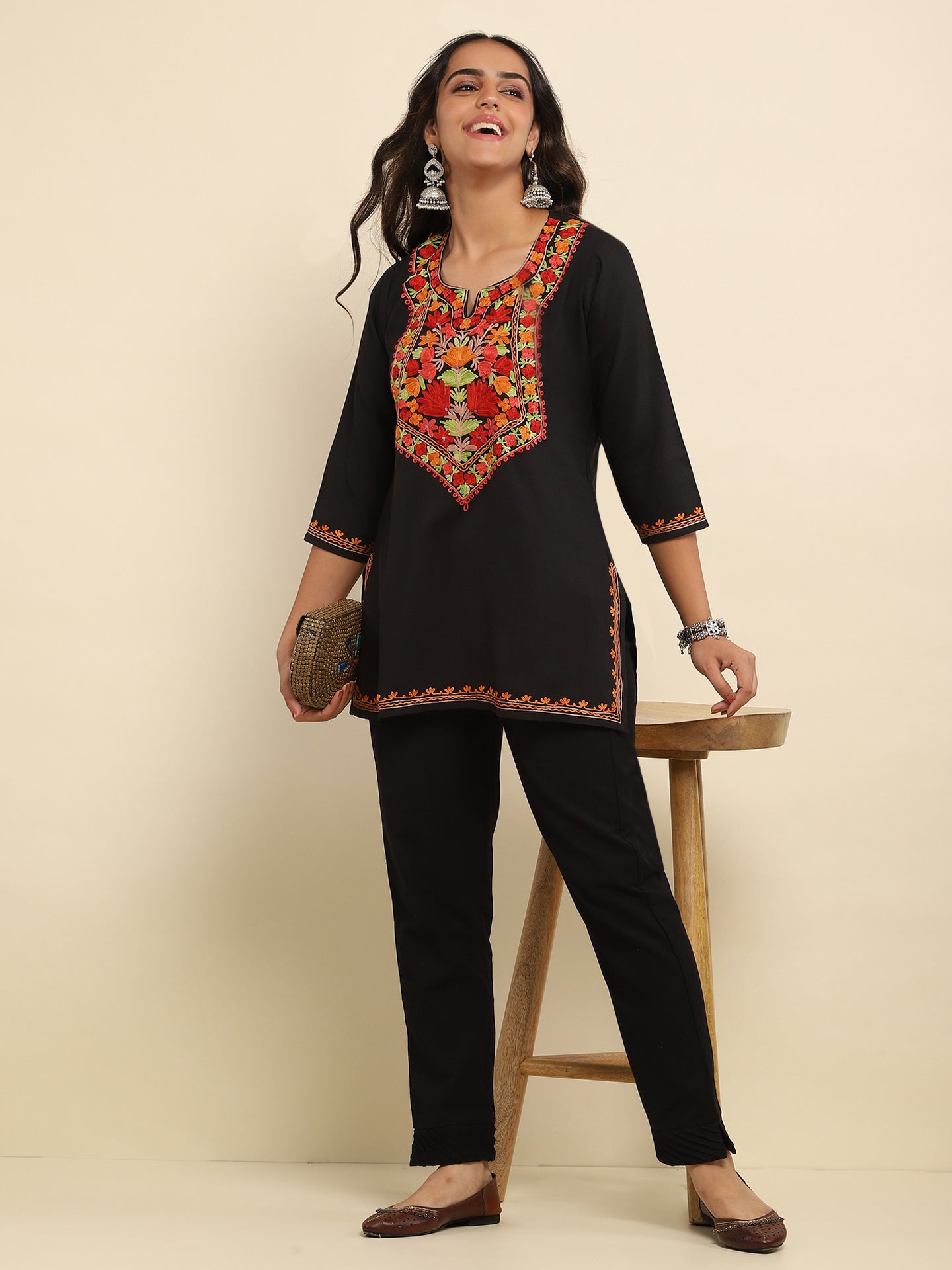 Lawn Cotton Printkari Black Co-ord Set – Pastel Floral with Straight Pant