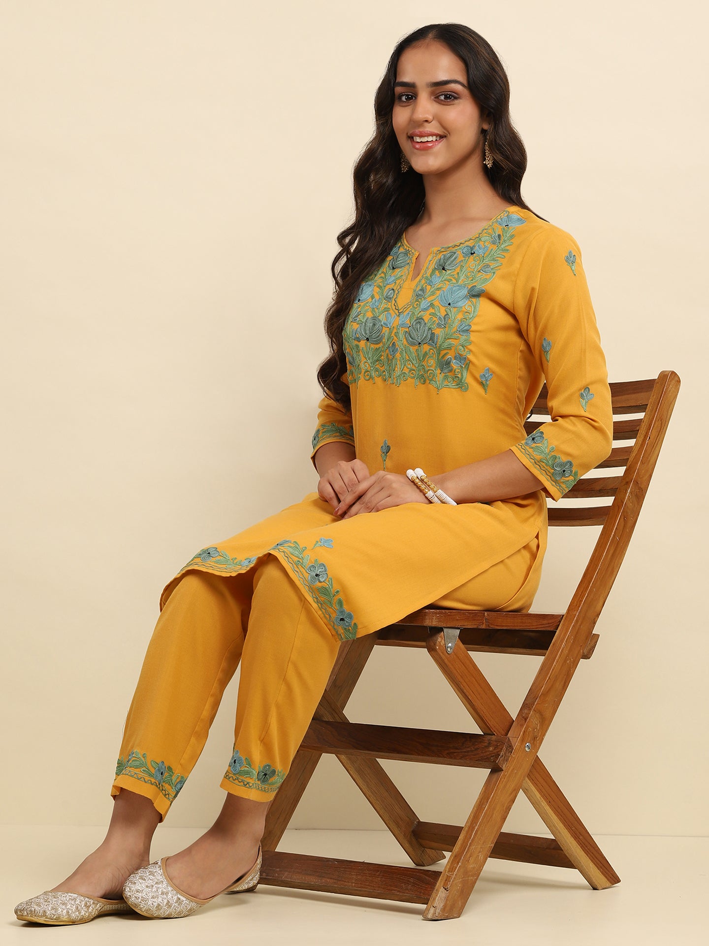 Aari Embroidered Cotton Solid Women's 2 PC Long Kurta Set- Mustard Yellow