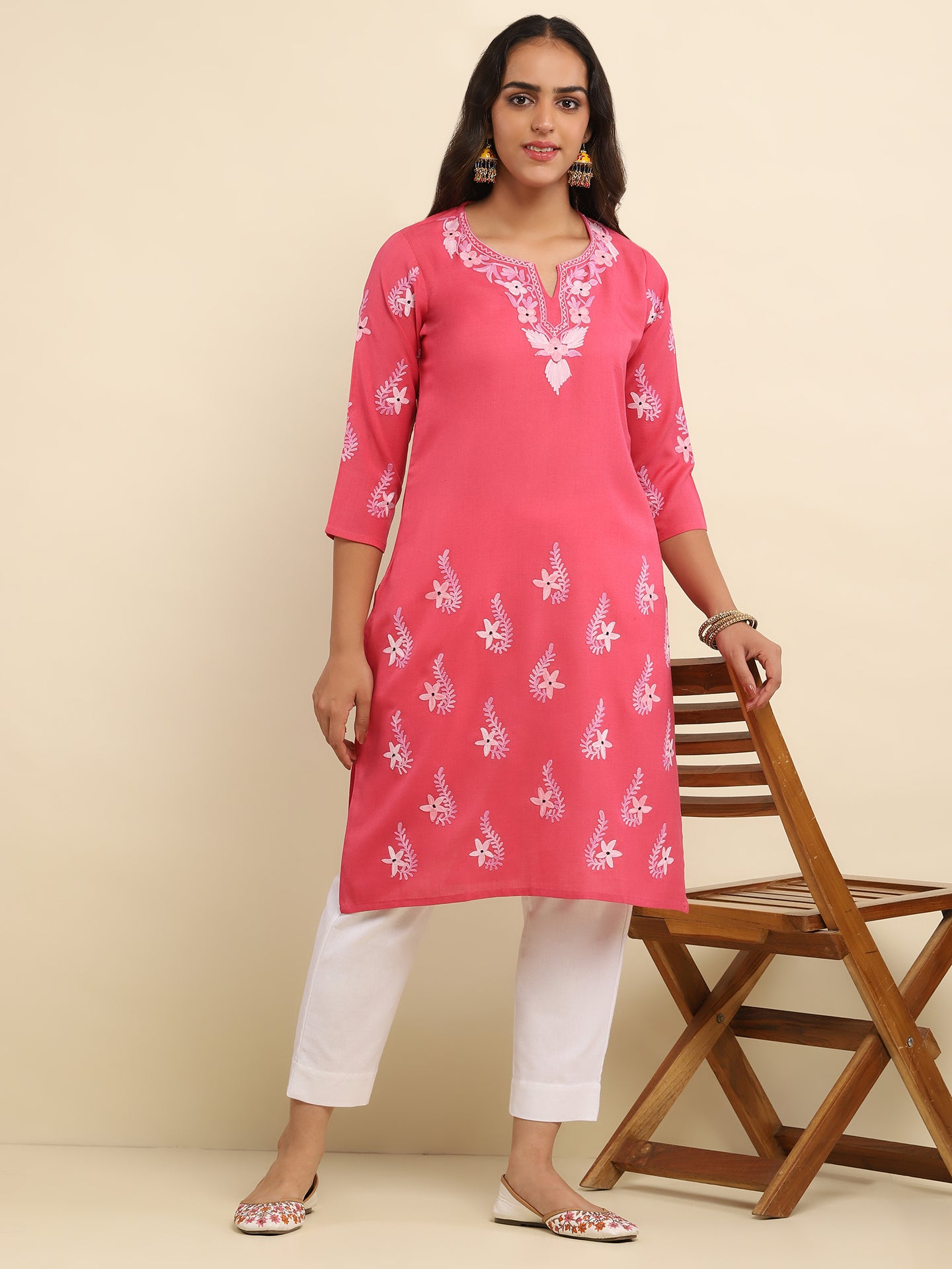 Aari Embroidered Cotton Solid Women's Long Kurta Kurta- Dark Pink