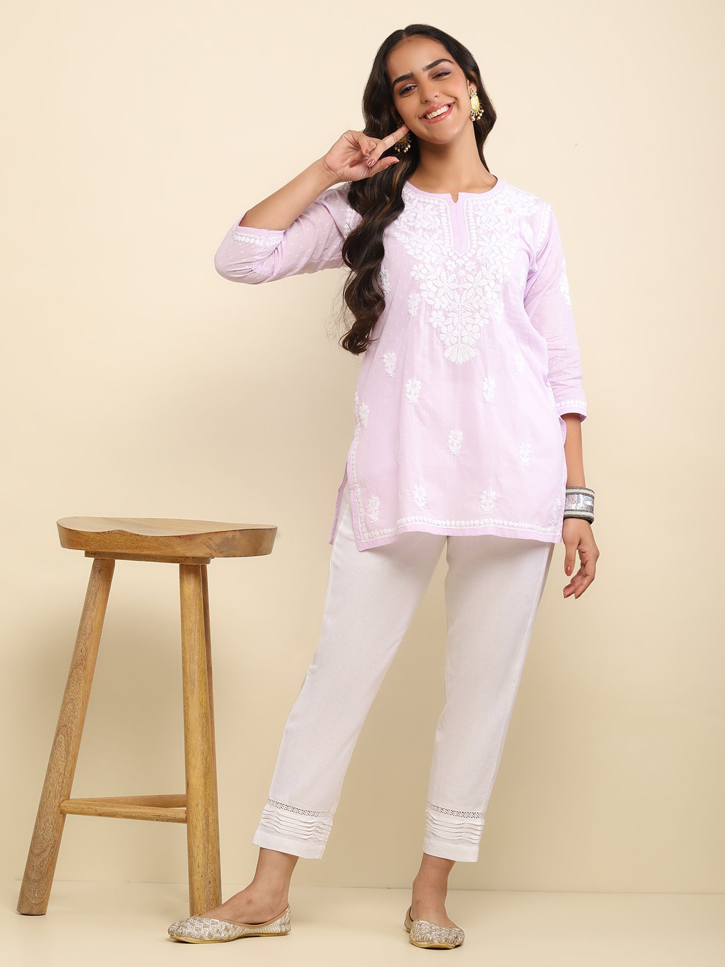 Cotton Chikankari Solid Women's Short Kurta- Lavender