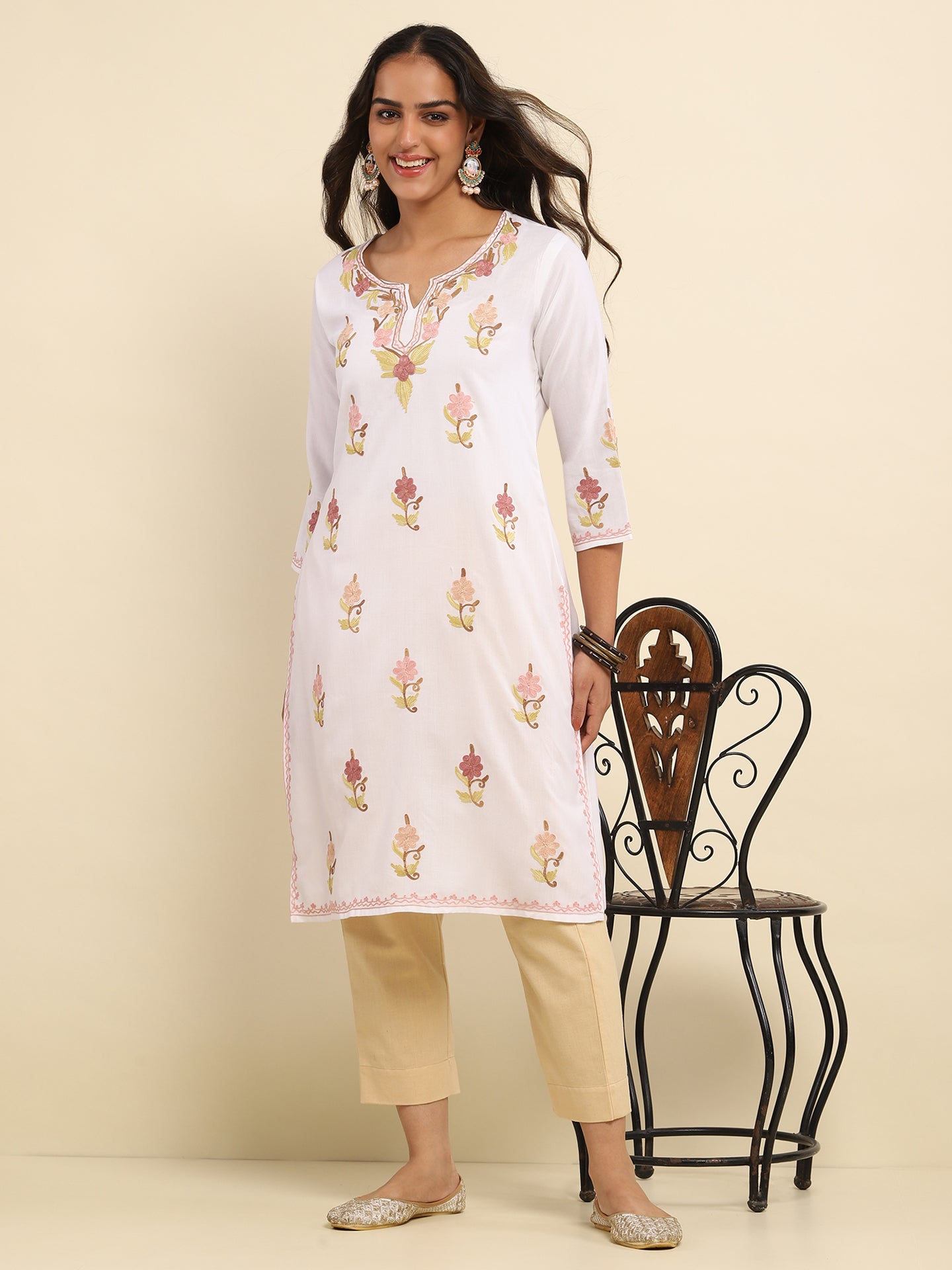 Aari Embroidered Cotton Solid Women's Long Kurta- White