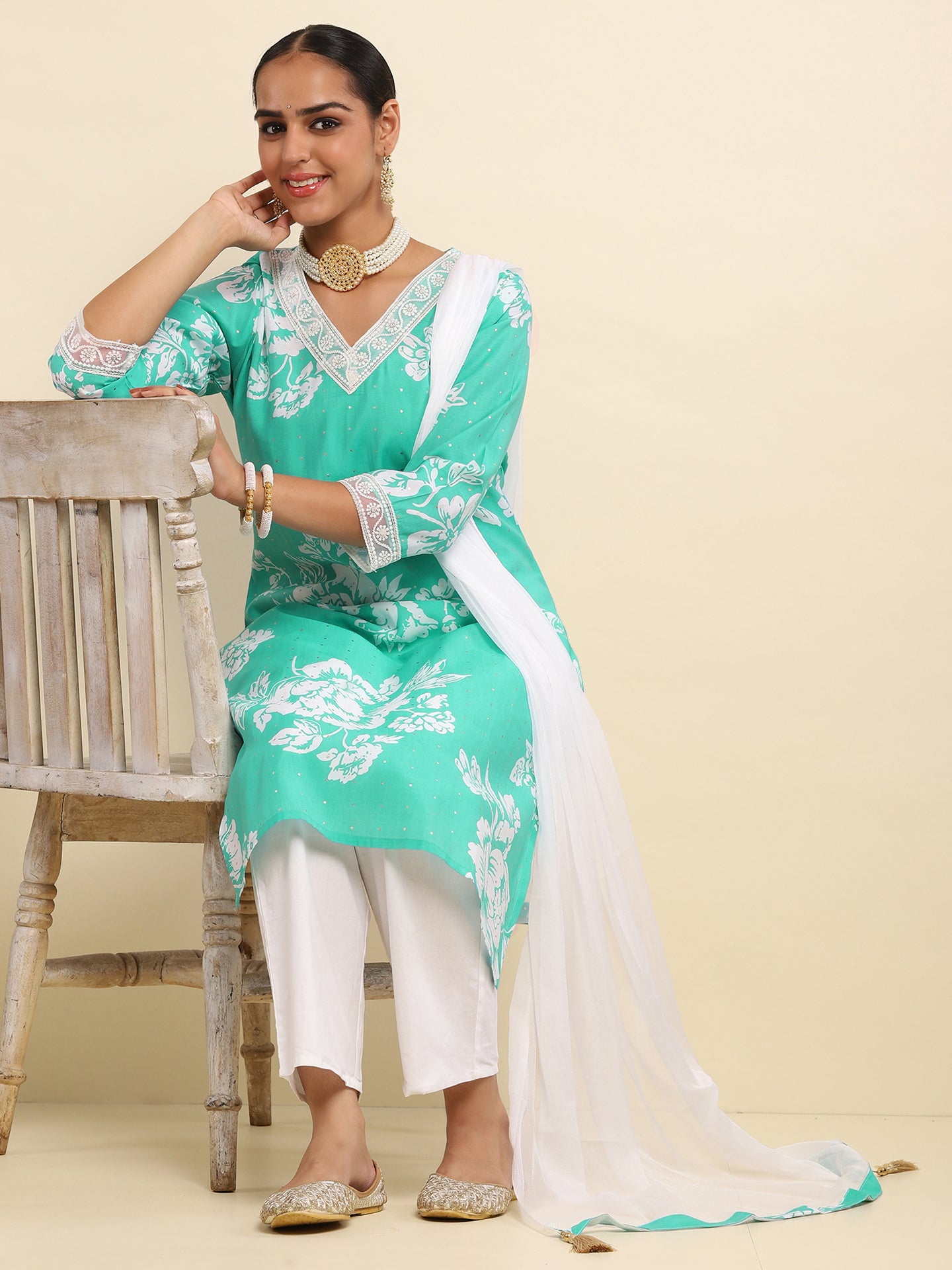 Kashmiri Aari Work Cotton Kurta with Farsi Pant - Bright teal