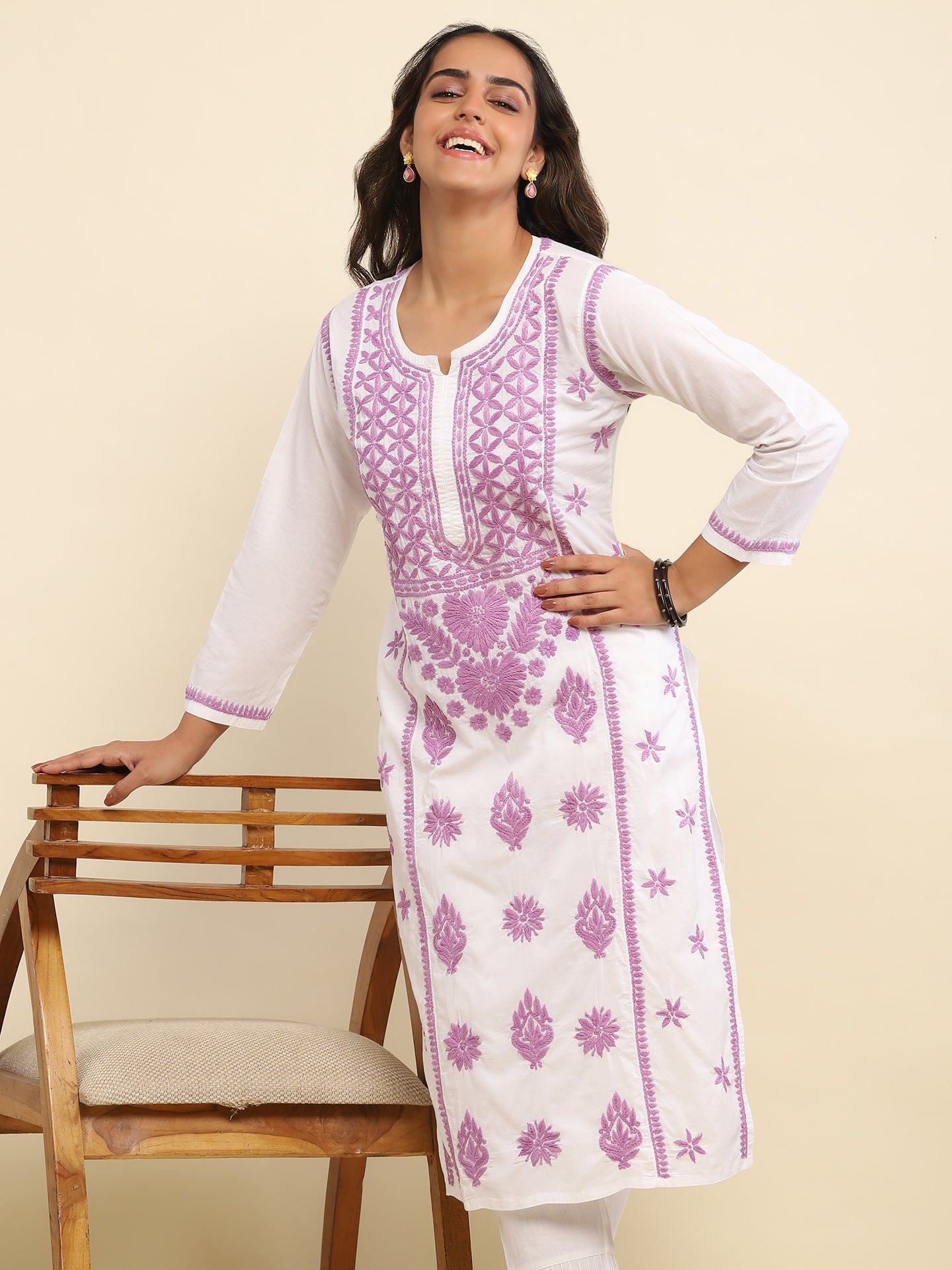 Kashmiri Aari Work Cotton Kurta Set - Lilac