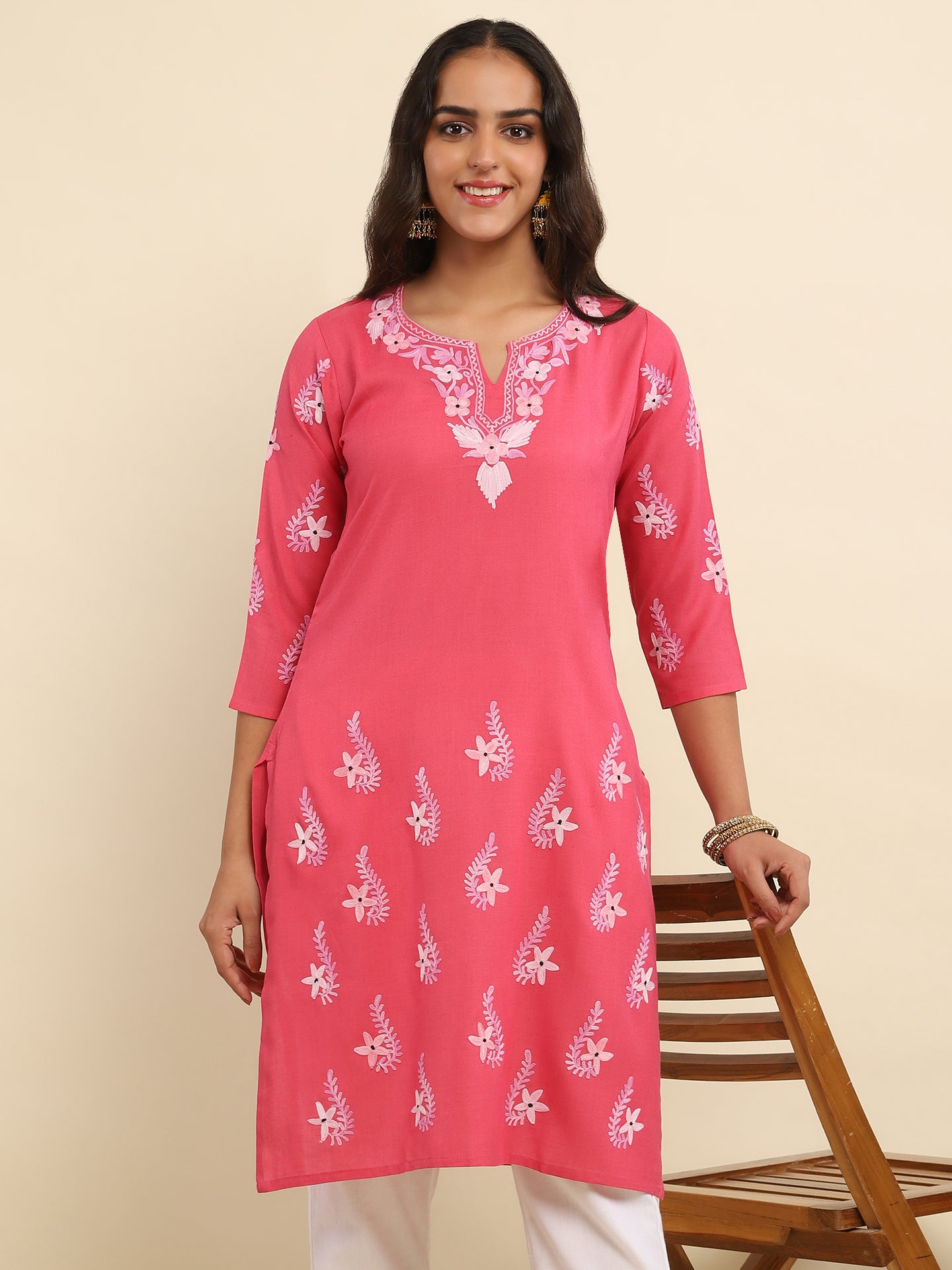 Aari Embroidered Cotton Solid Women's Long Kurta Kurta- Dark Pink