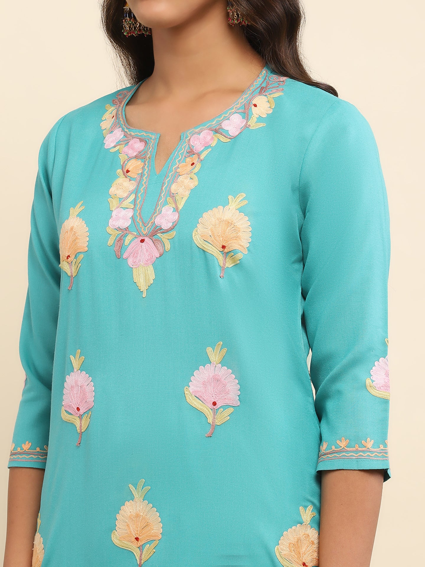 Aari Embroidered Cotton Solid Women's Long Kurta-Turquoise Blue