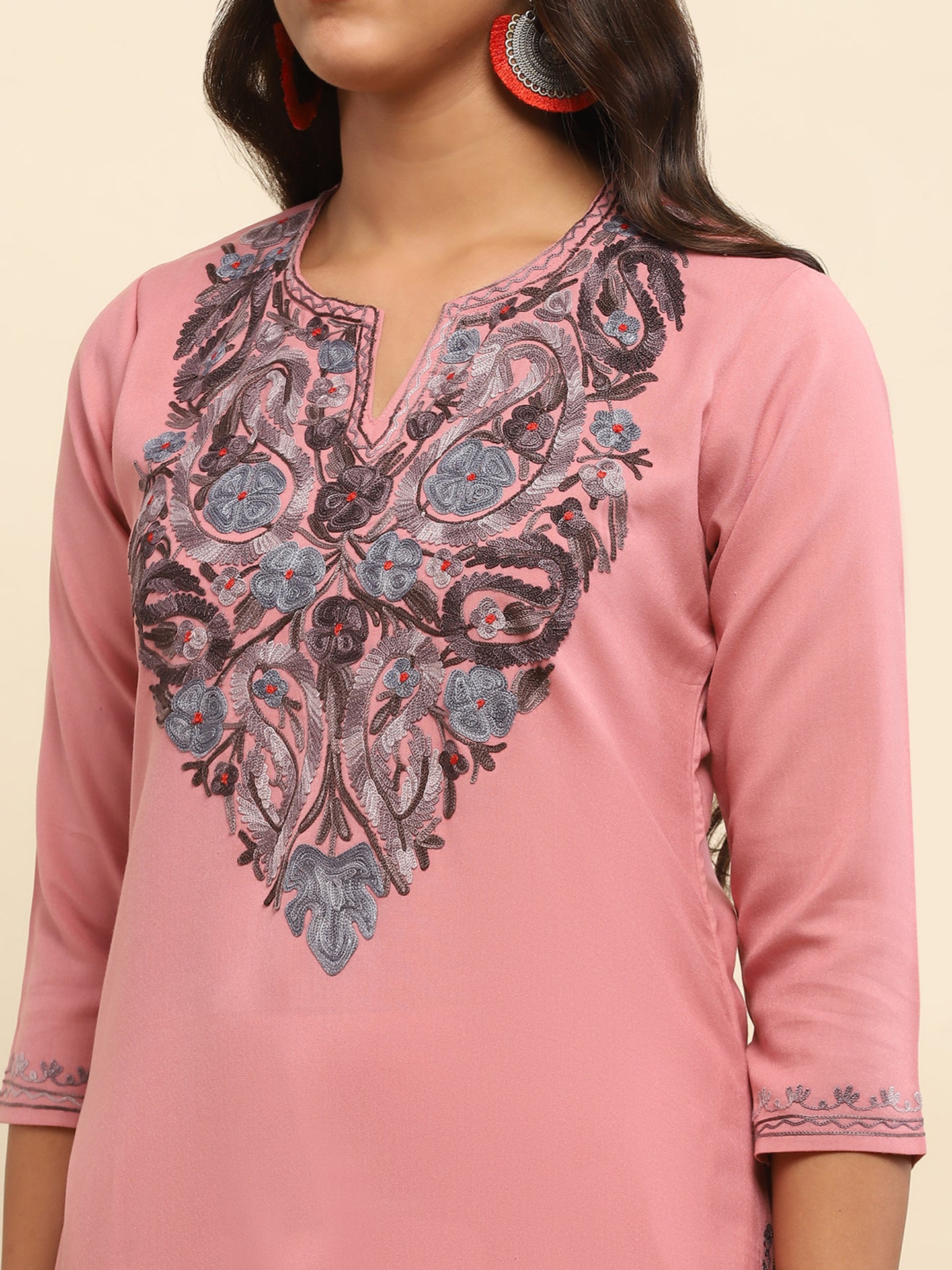 Aari Embroidered Cotton Solid Women's Long Kurta- Dusty Pink