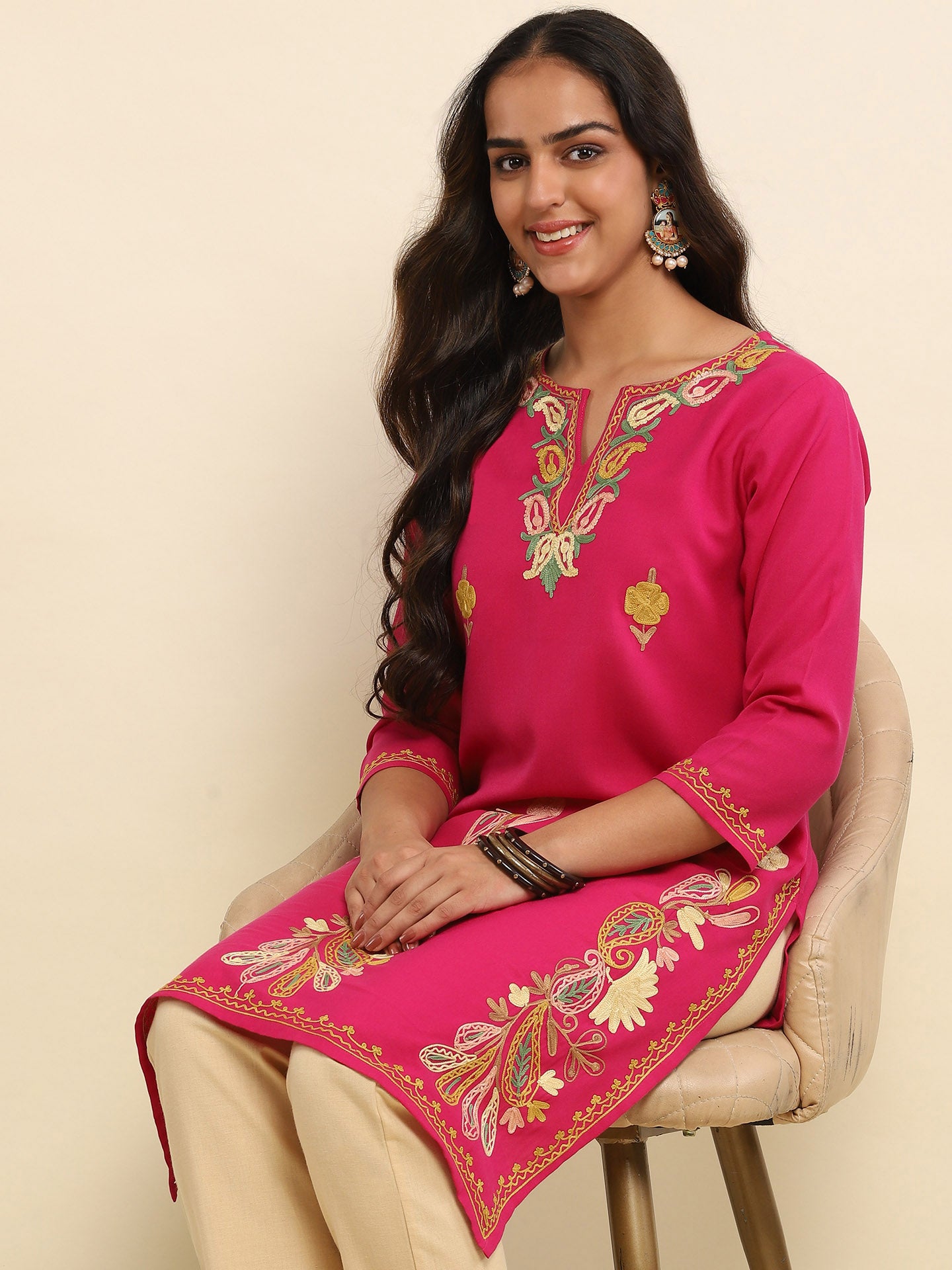 Aari Embroidered Cotton Solid Women's Long Kurta- Fuchsia Pink