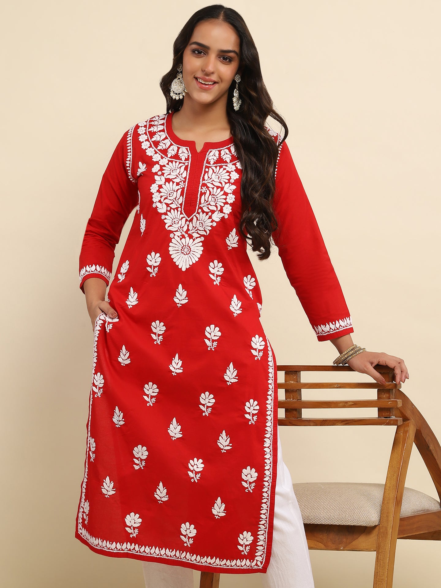 Cotton Chikankari Solid Women's Long Kurta- Red
