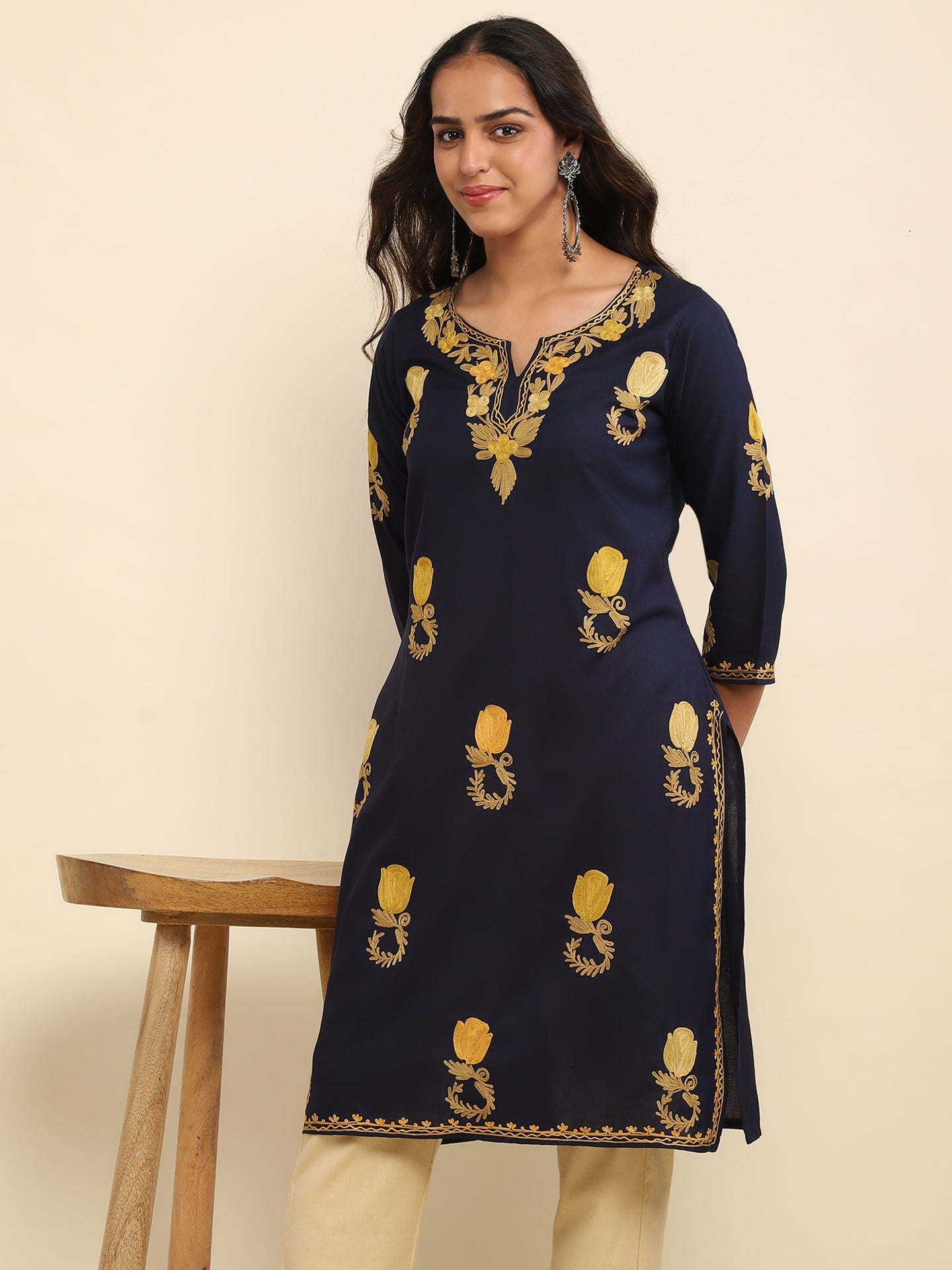 Aari Embroidered Cotton Solid Women's Long Kurta- Navy Blue