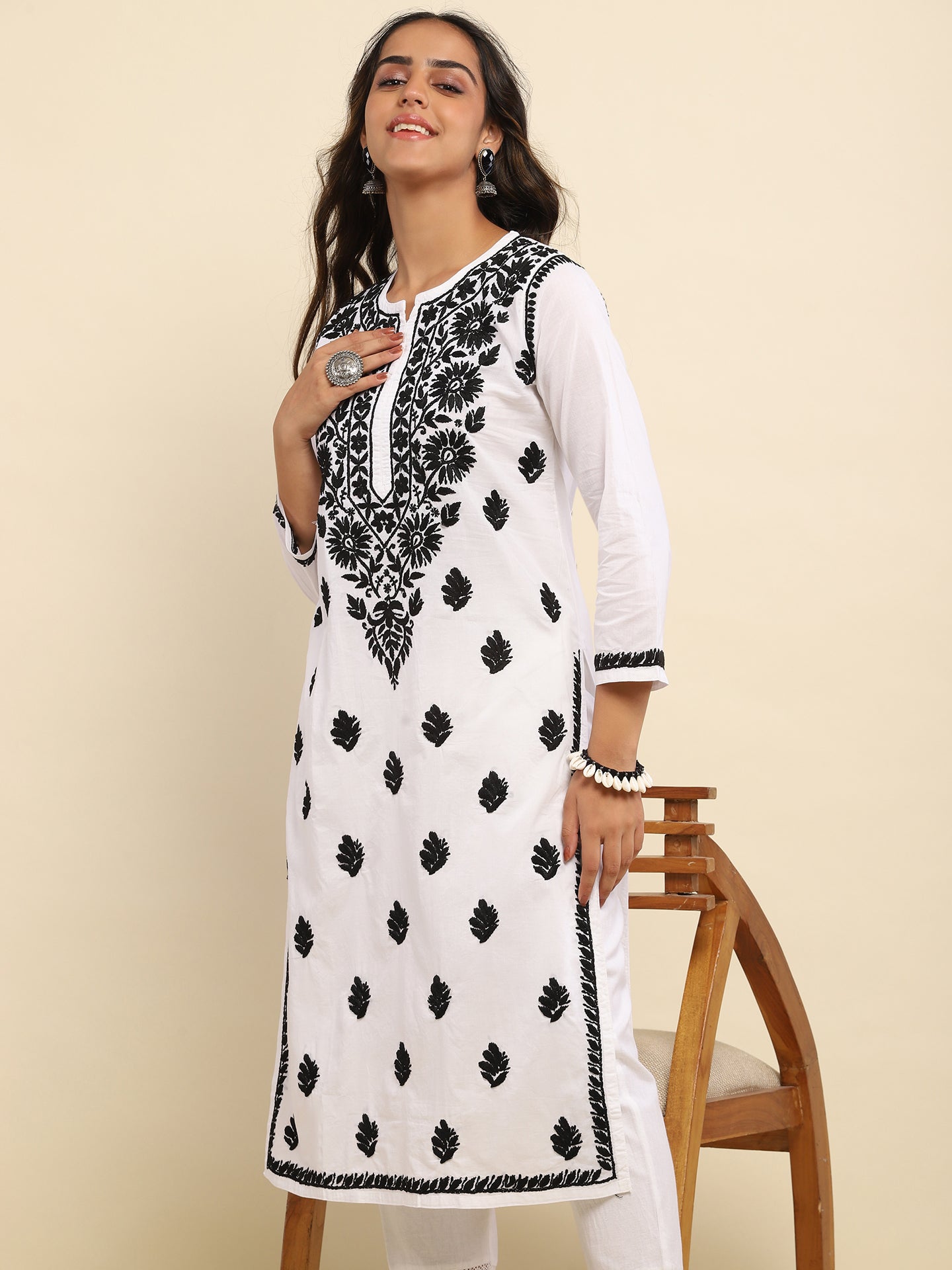 Cotton Chikankari Solid Women's Long Kurta- White