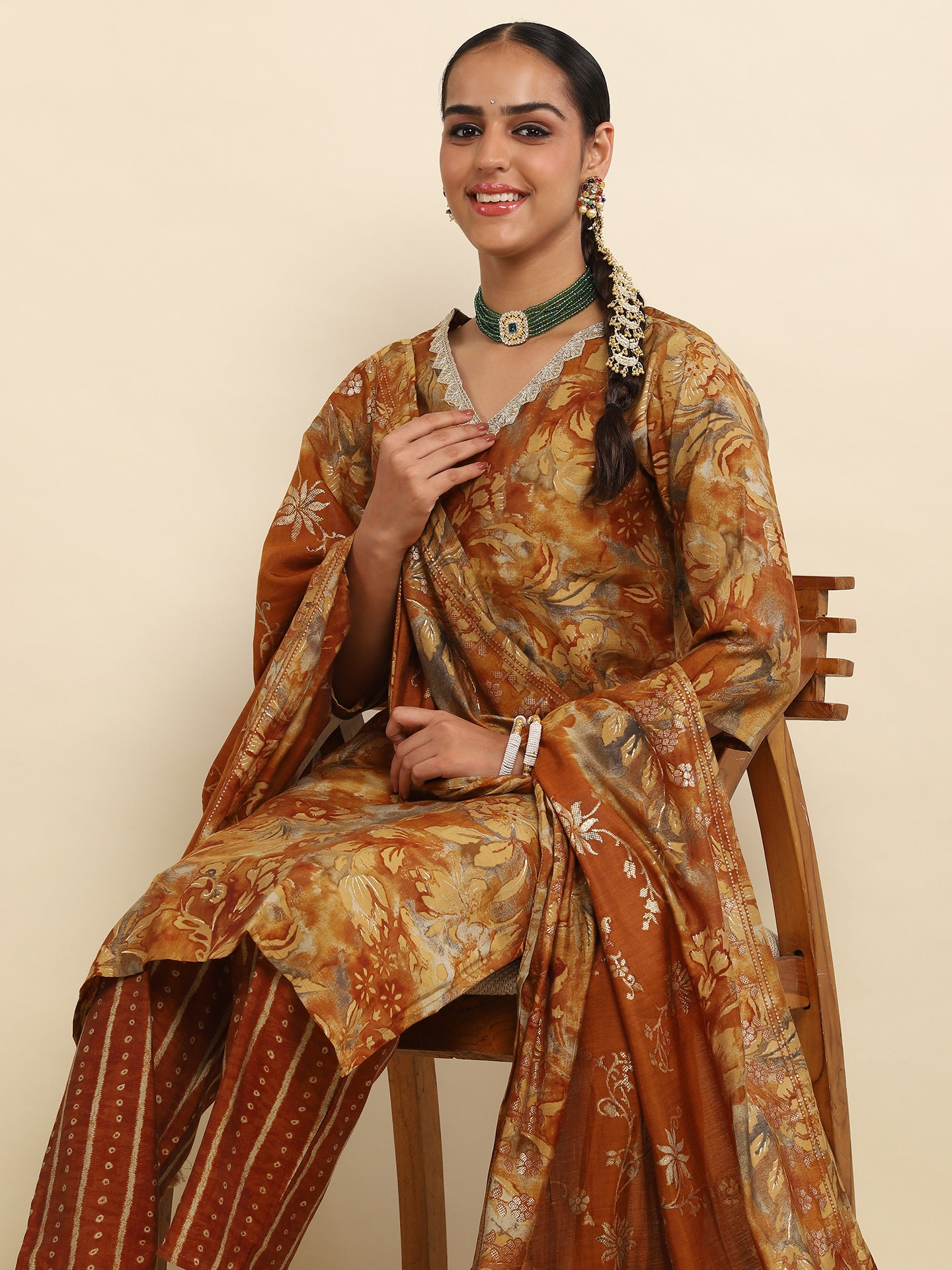 Cotton Embroidered Printed Women's 3 PC Long Kurta Set- Brown