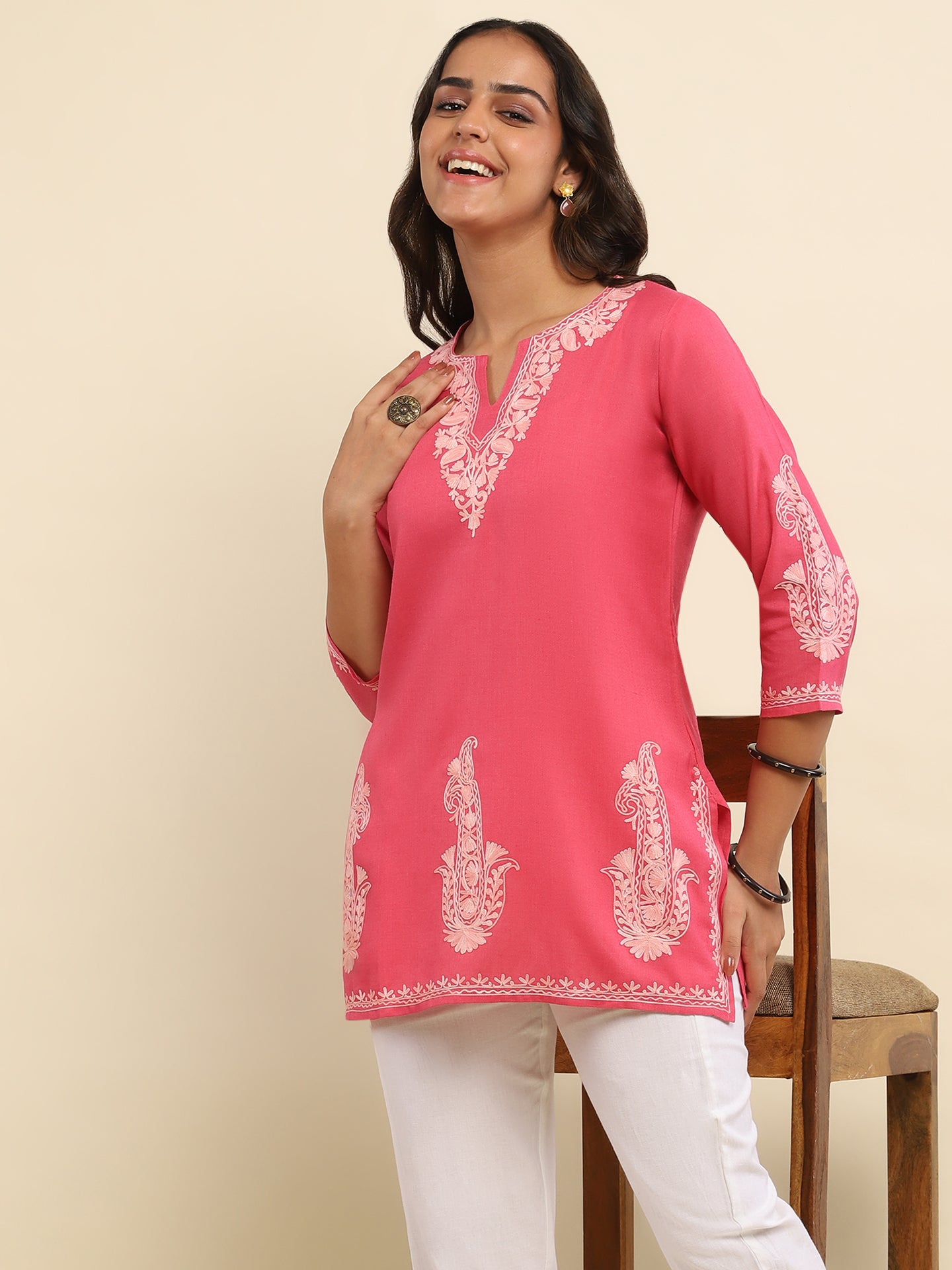 Aari Embroidered Cotton Solid Women's Short Kurta - Pink