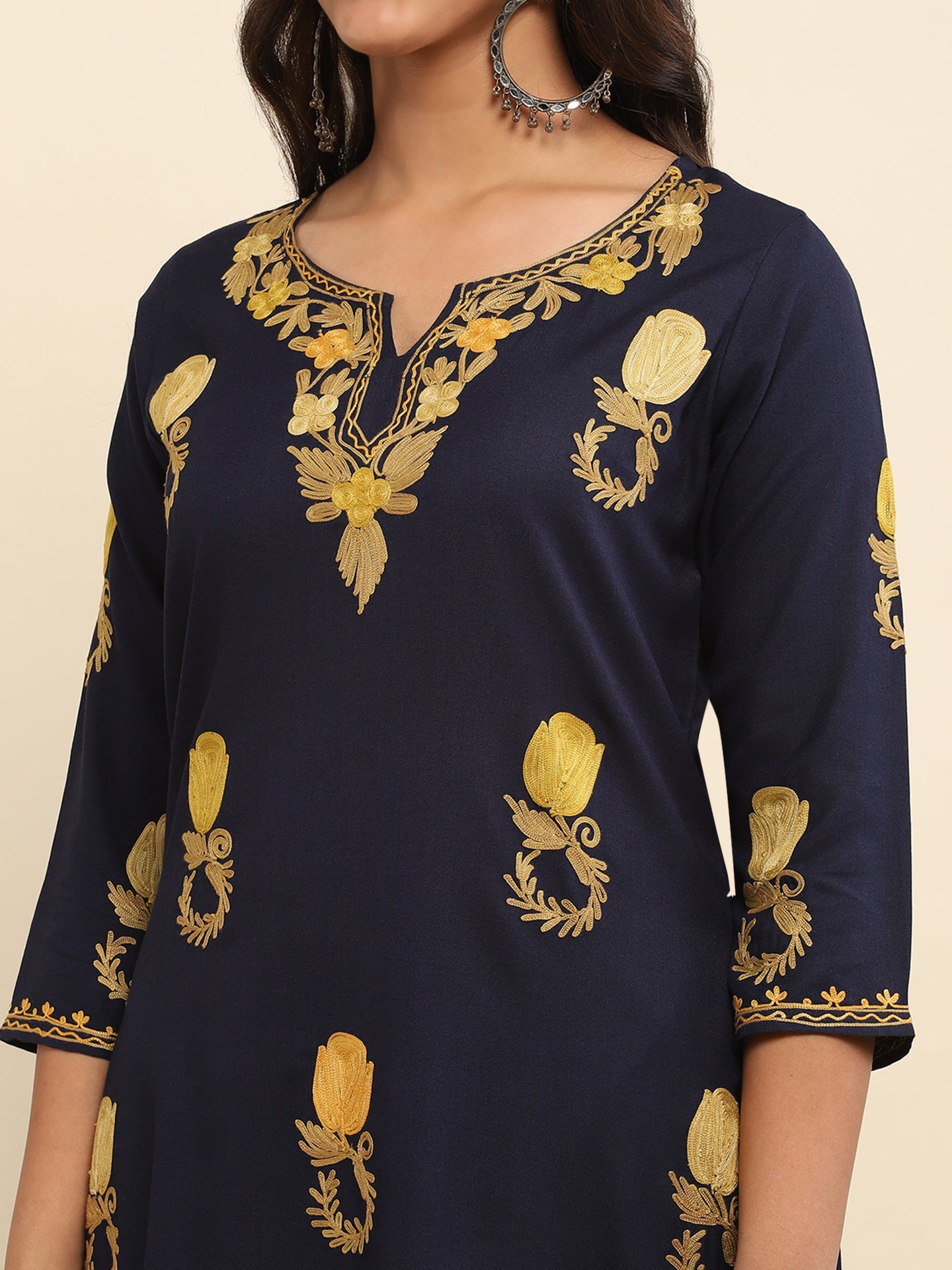 Aari Embroidered Cotton Solid Women's Long Kurta- Navy Blue