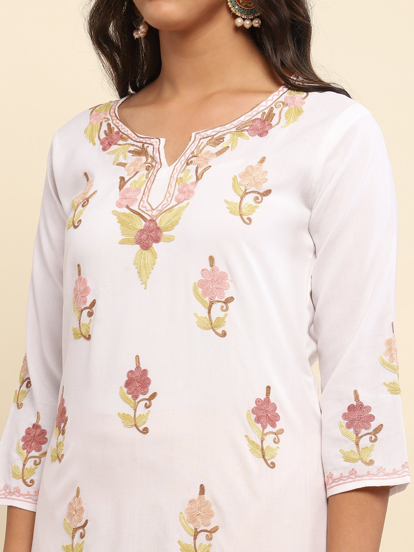 Aari Embroidered Cotton Solid Women's Long Kurta- White