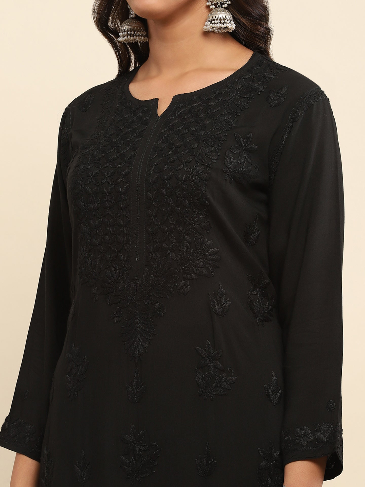 Rayon Chikankari Solid Women's Long Kurta- Black