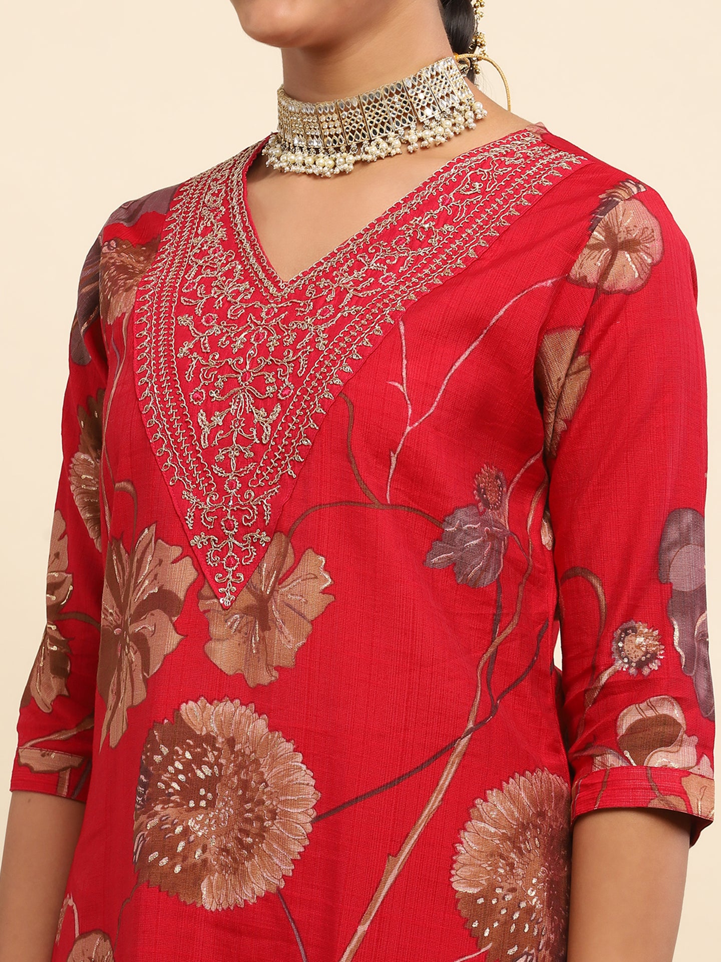 Cotton Embroidered Printed Women's 3 PC Long Kurta Set- Red