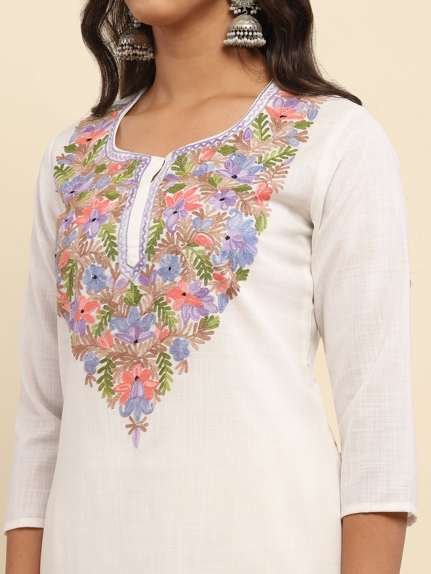 Aari Embroidered Cotton Solid Women's 2 PC Long Kurta Set- White