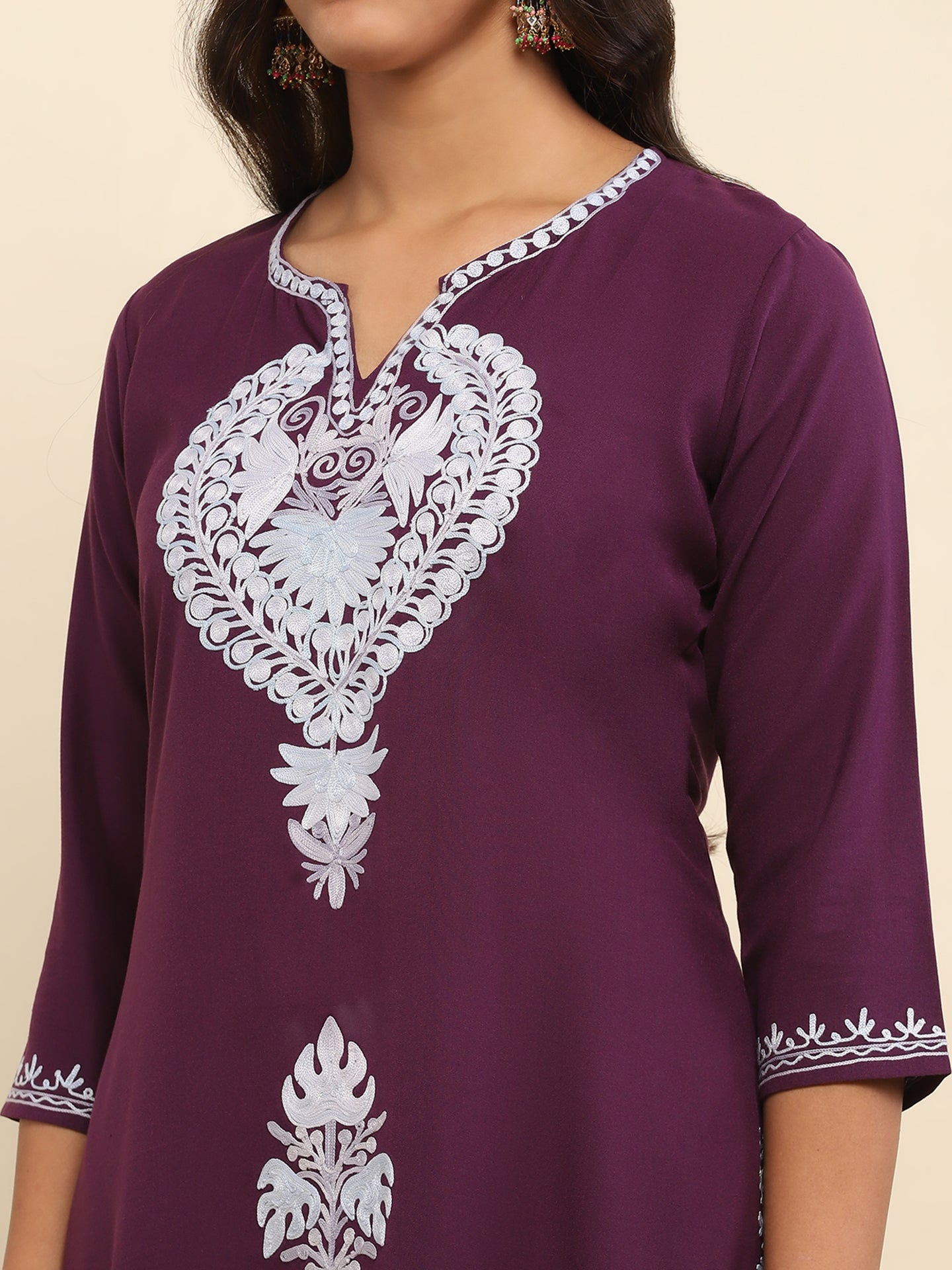 Aari Embroidered Cotton Solid Women's Long Kurta- Purple