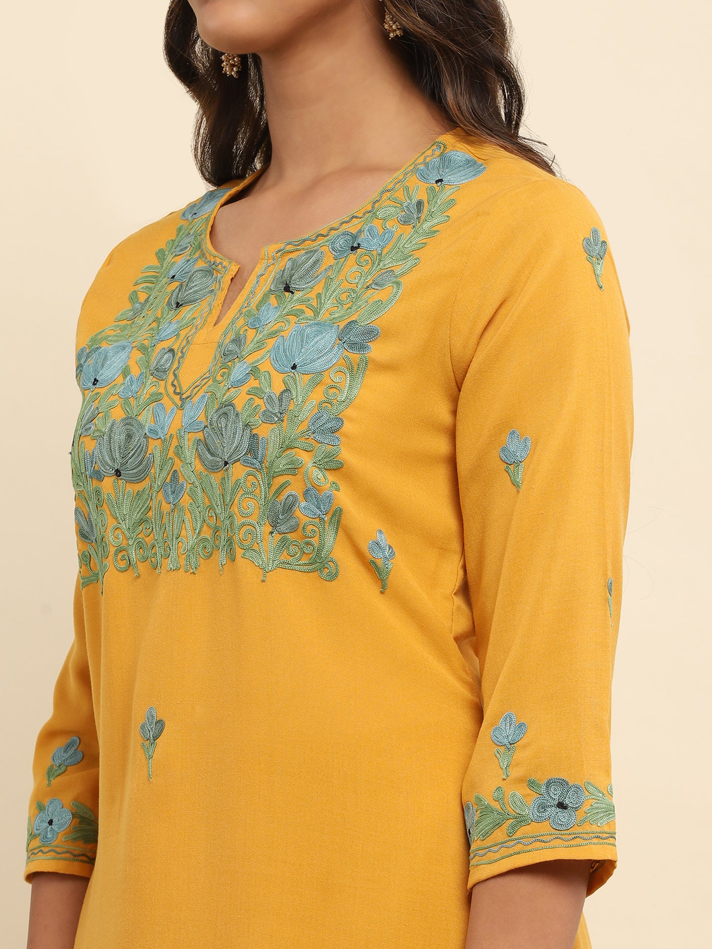 Aari Embroidered Cotton Solid Women's 2 PC Long Kurta Set- Mustard Yellow