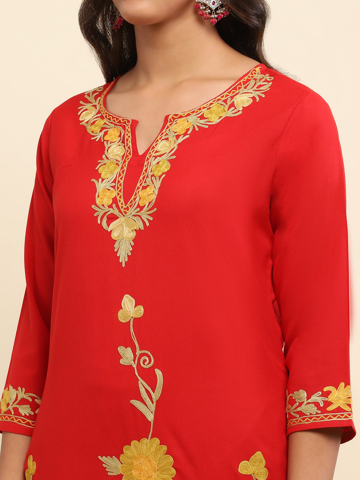 Aari Embroidered Cotton Solid Women's Long Kurta- Red