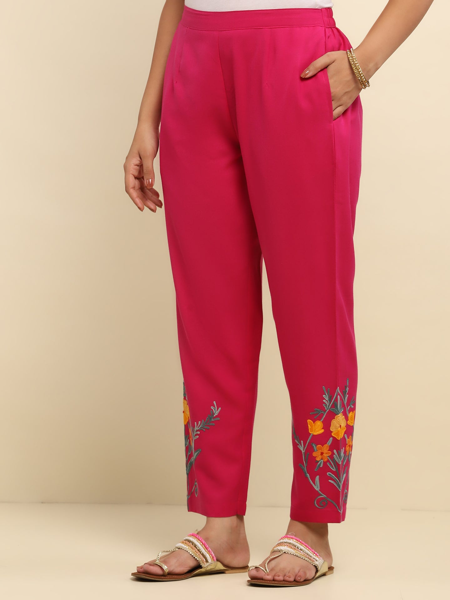 Aari Embroidered Cotton Solid Women's 2 PC Long Kurta Set- Fuchsia