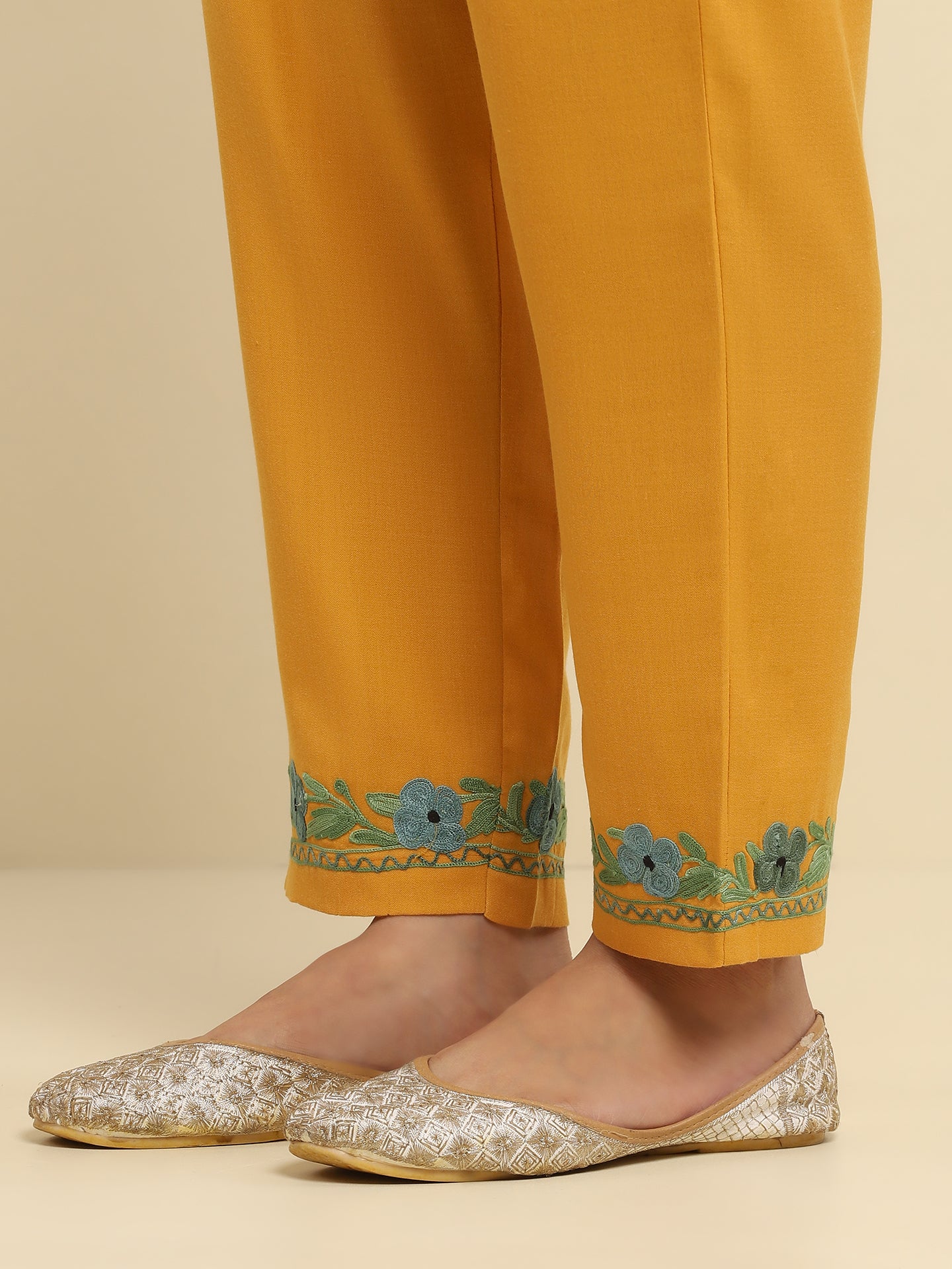 Aari Embroidered Cotton Solid Women's 2 PC Long Kurta Set- Mustard Yellow