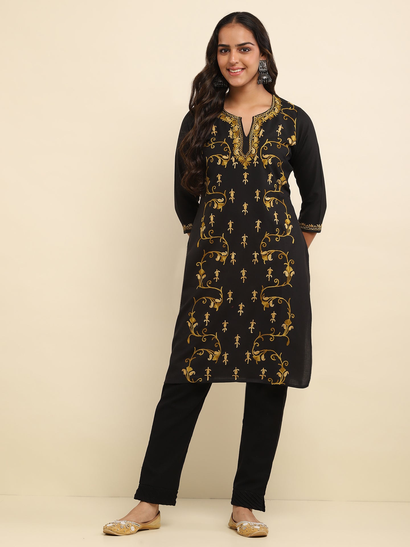 Aari Embroidered Cotton Solid Women's Long Kurta - Black
