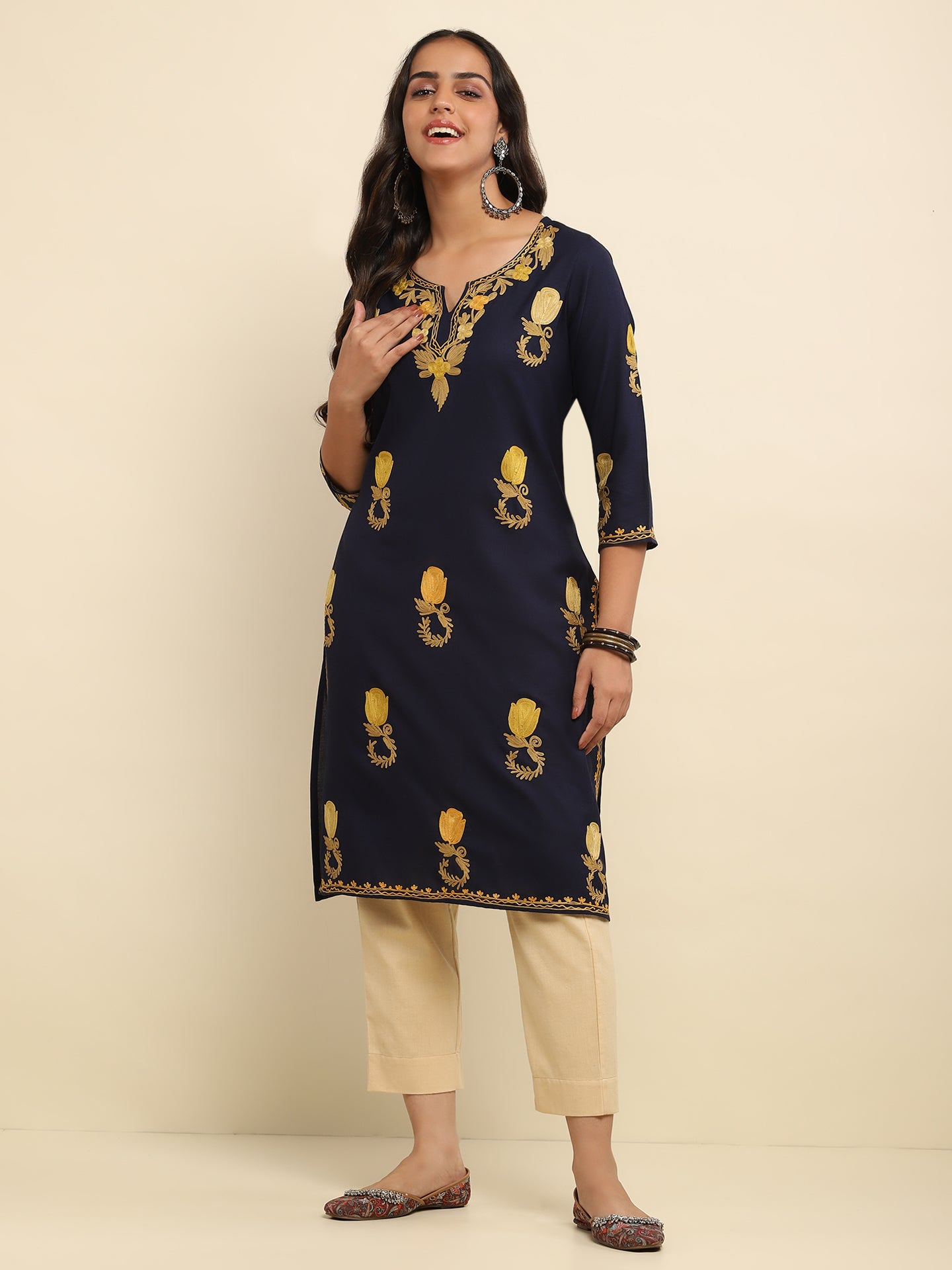 Aari Embroidered Cotton Solid Women's Long Kurta- Navy Blue