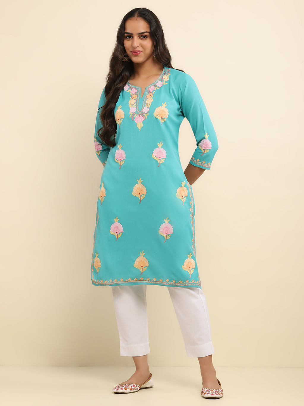 Aari Embroidered Cotton Solid Women's Long Kurta-Turquoise Blue