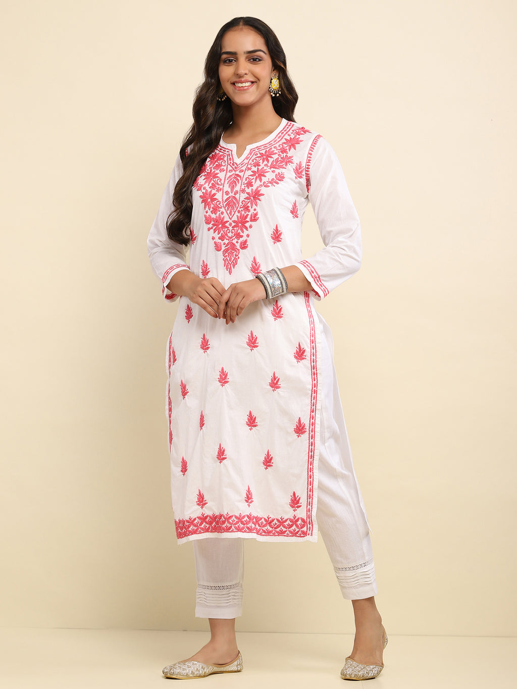 Cotton Chikankari Solid Women's Long Kurta- White