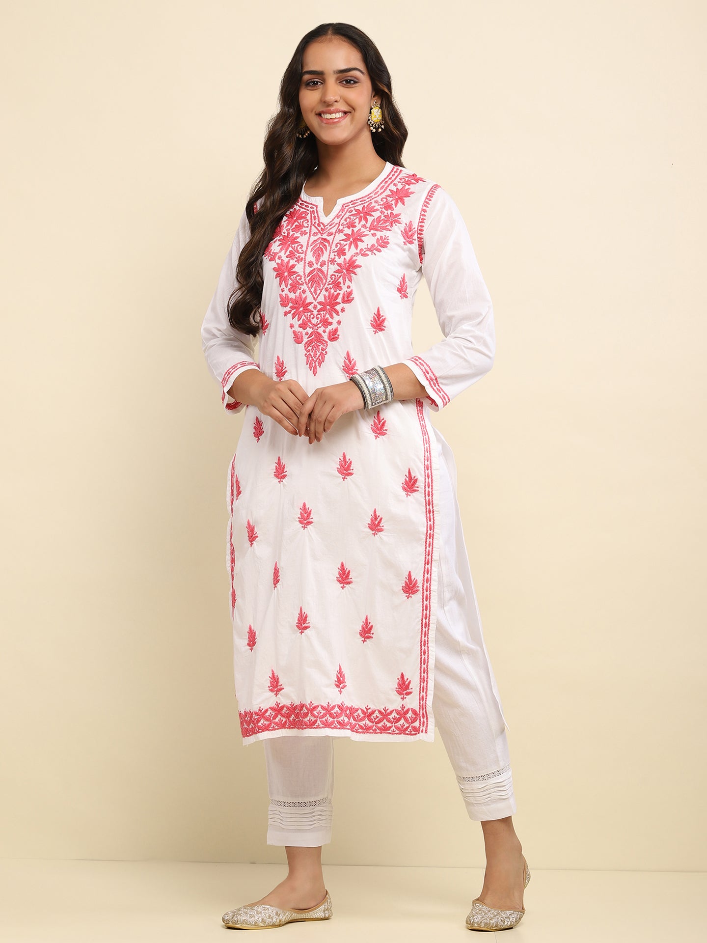Cotton Chikankari Solid Women's Long Kurta- White