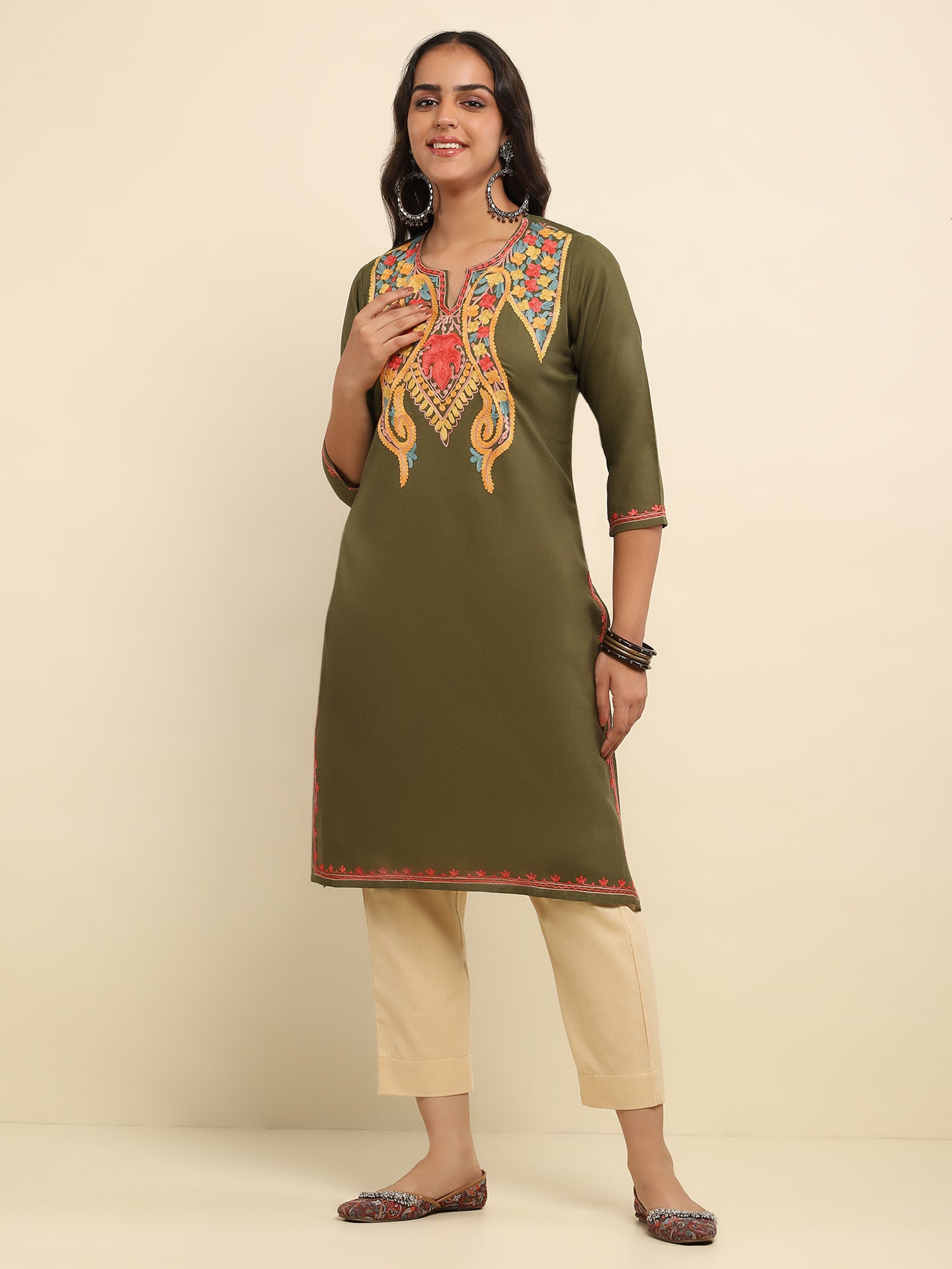 Aari Embroidered Cotton Solid Women's Long Kurta- Olive Green