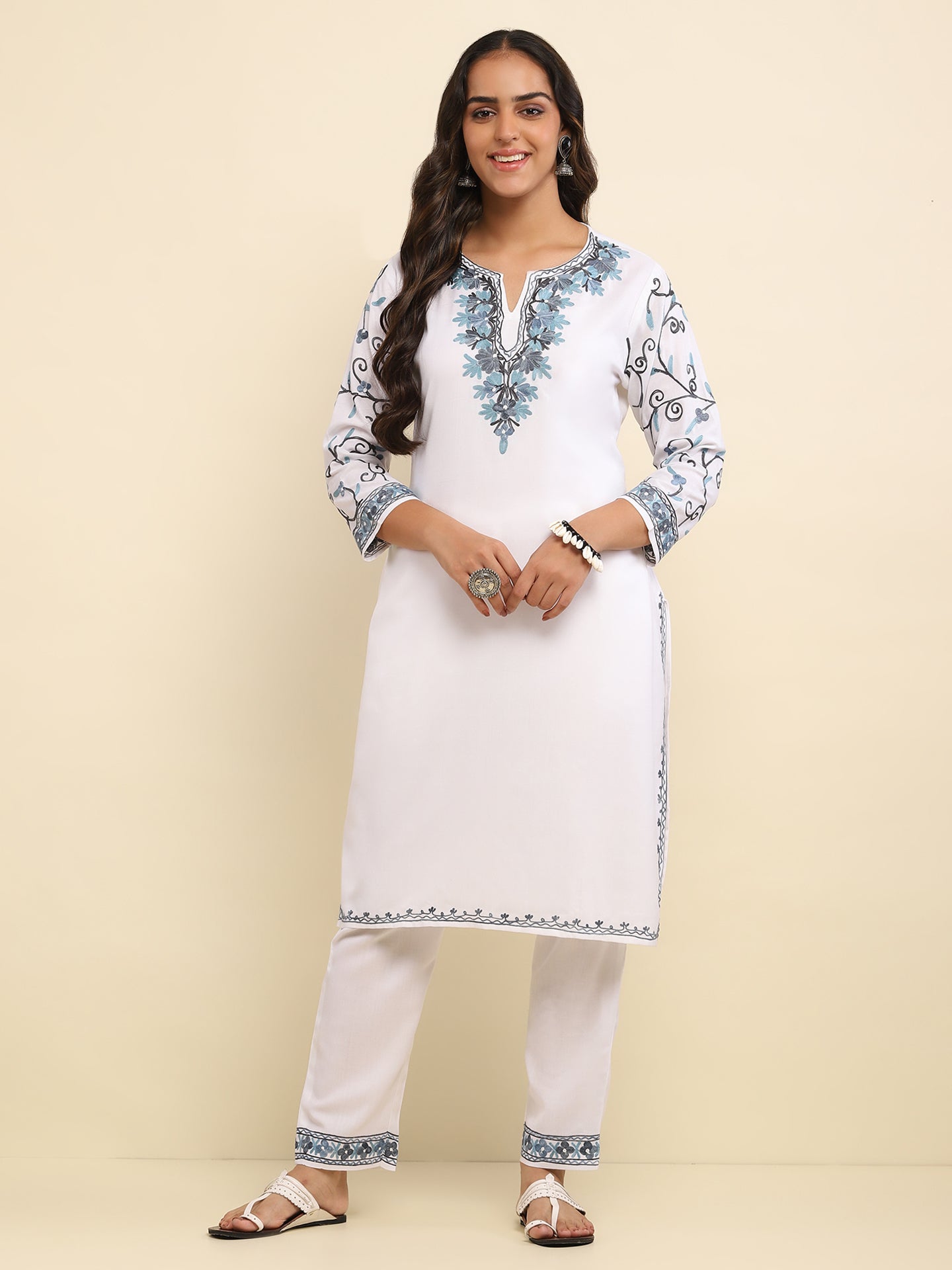 Aari Embroidered Cotton Solid Women's 2 PC Long Kurta Set- White