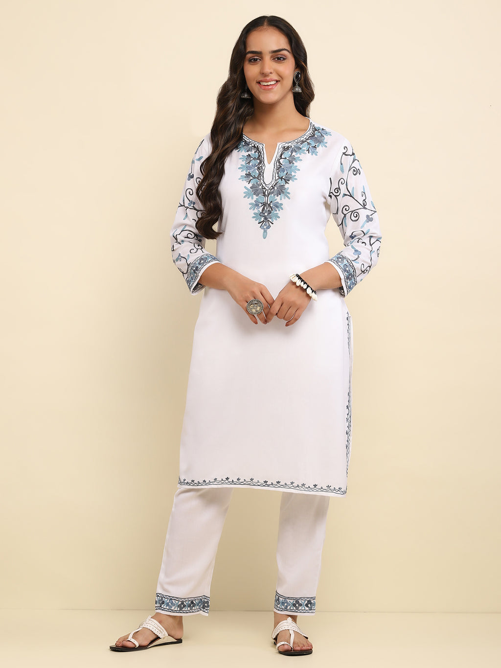Aari Embroidered Cotton Solid Women's 2 PC Long Kurta Set- White