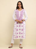 Cotton Chikankari Solid Women's Long Kurta- White