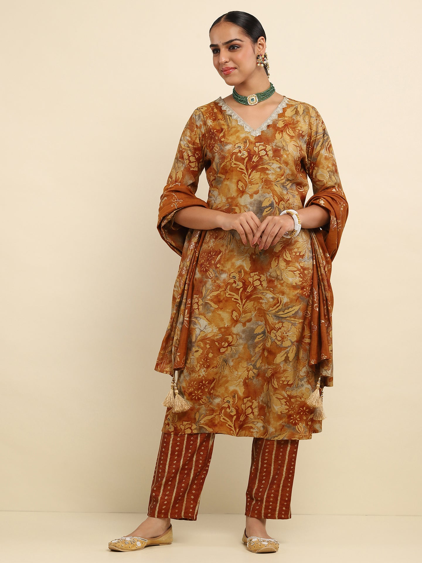 Cotton Embroidered Printed Women's 3 PC Long Kurta Set- Brown