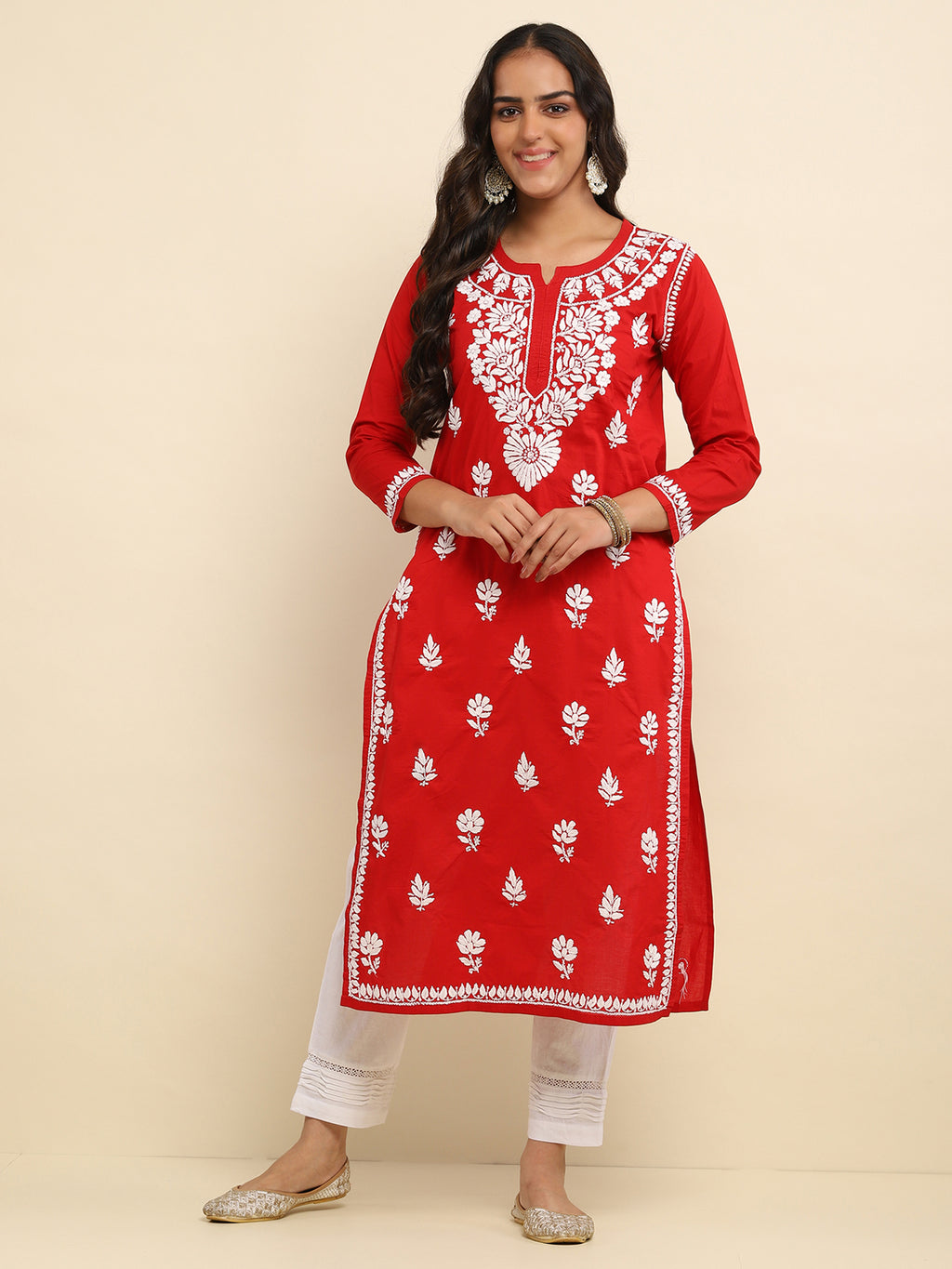Cotton Chikankari Solid Women's Long Kurta- Red