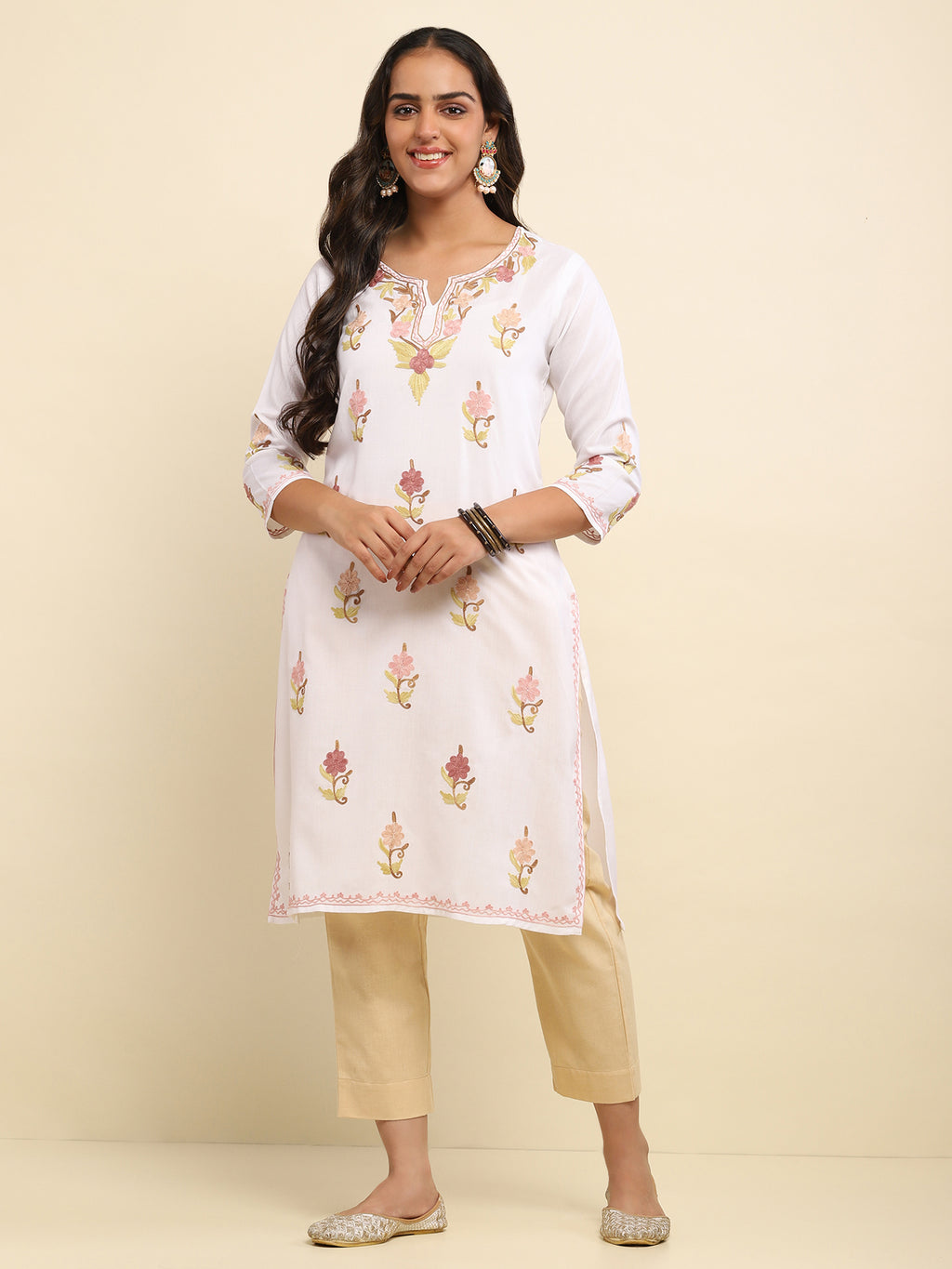 Aari Embroidered Cotton Solid Women's Long Kurta- White