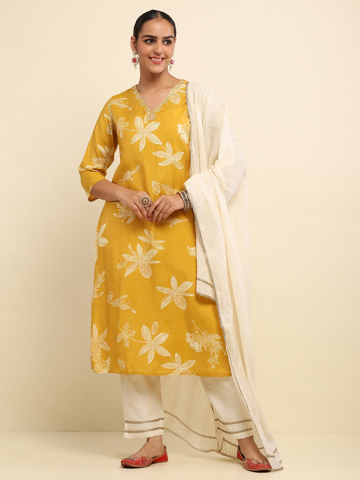 Cotton Embroidered Printed Women's 3 PC Long Kurta Set- Mustard Yellow