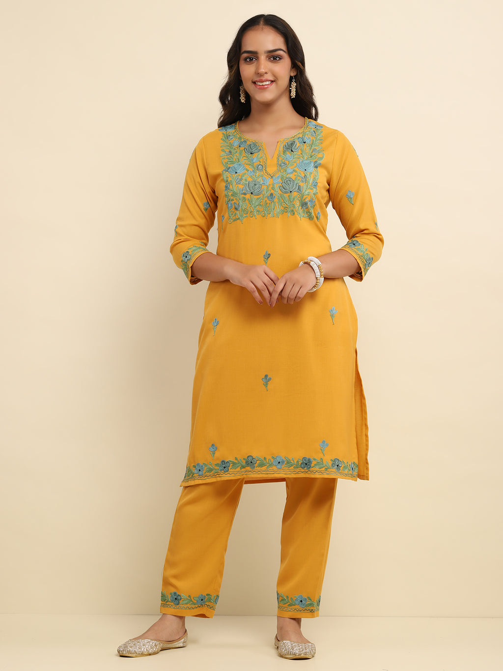Aari Embroidered Cotton Solid Women's 2 PC Long Kurta Set- Mustard Yellow