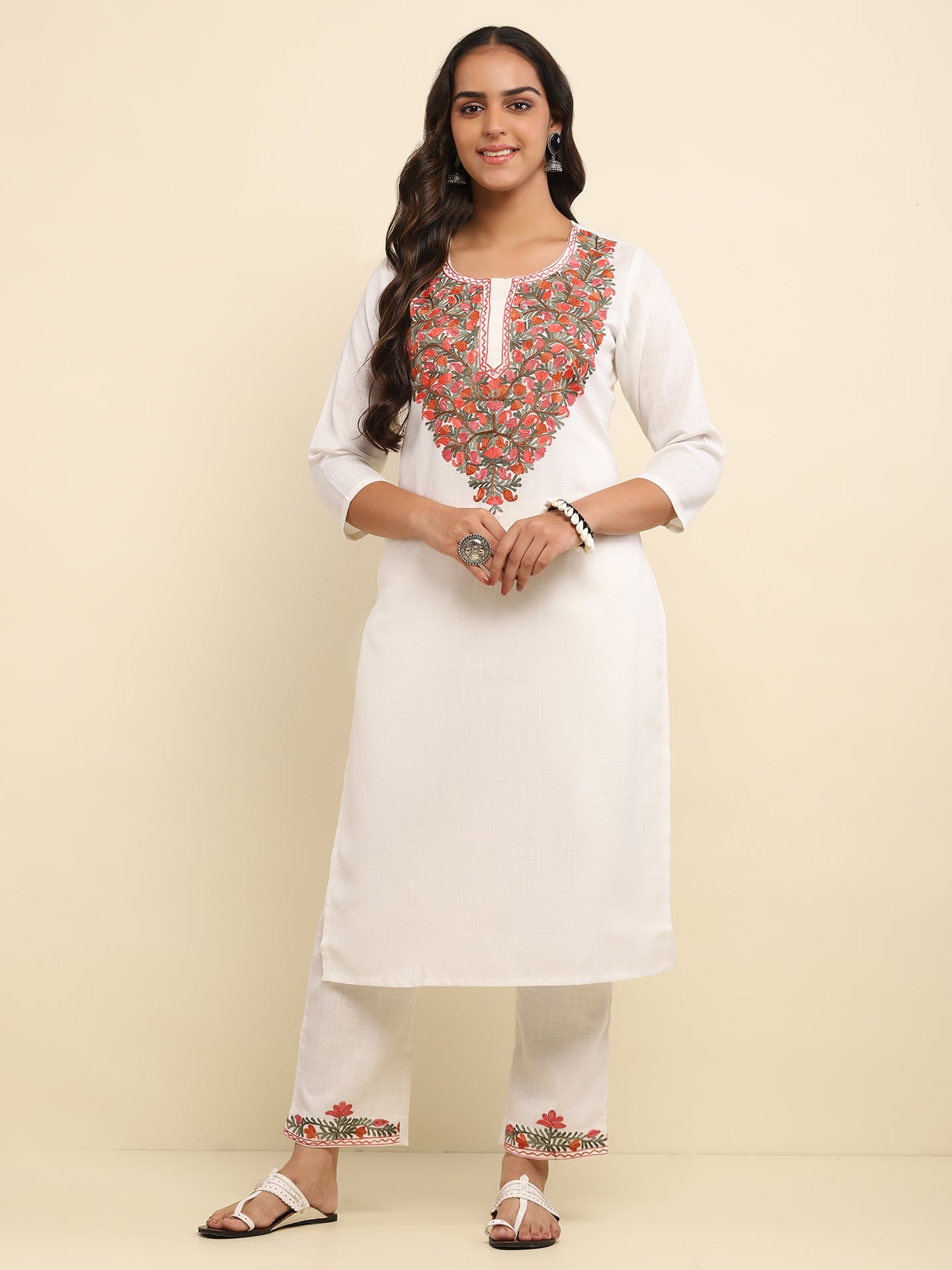Aari Embroidered Cotton Solid Women's 2 PC Long Kurta Set- White