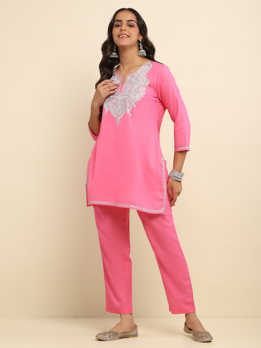 Zari Embroidered Cotton Solid Women's 2 PC Coord Set- Pink