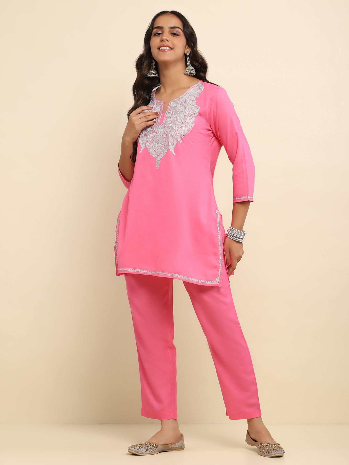 Zari Embroidered Cotton Solid Women's 2 PC Coord Set- Pink