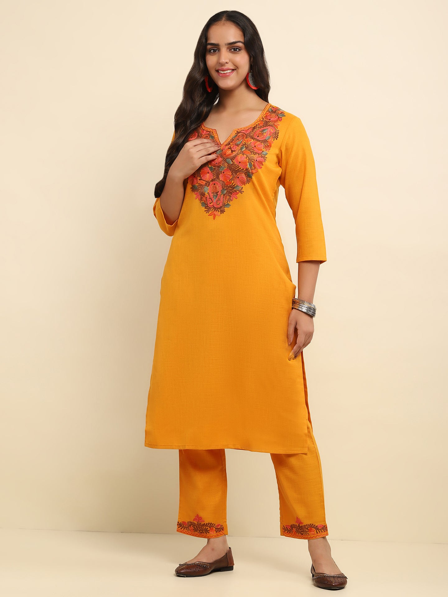 Aari Embroidered Cotton Solid Women's 2 PC Long Kurta Set- Mustard Yellow