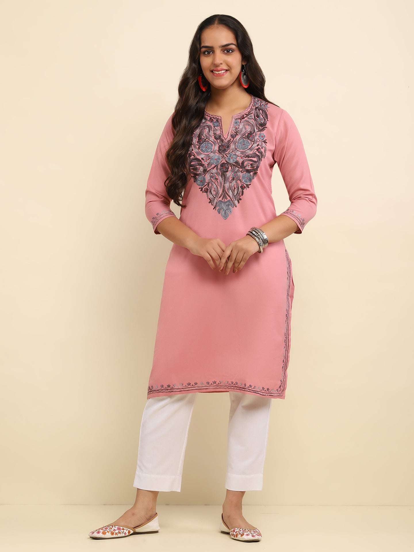 Aari Embroidered Cotton Solid Women's Long Kurta- Dusty Pink