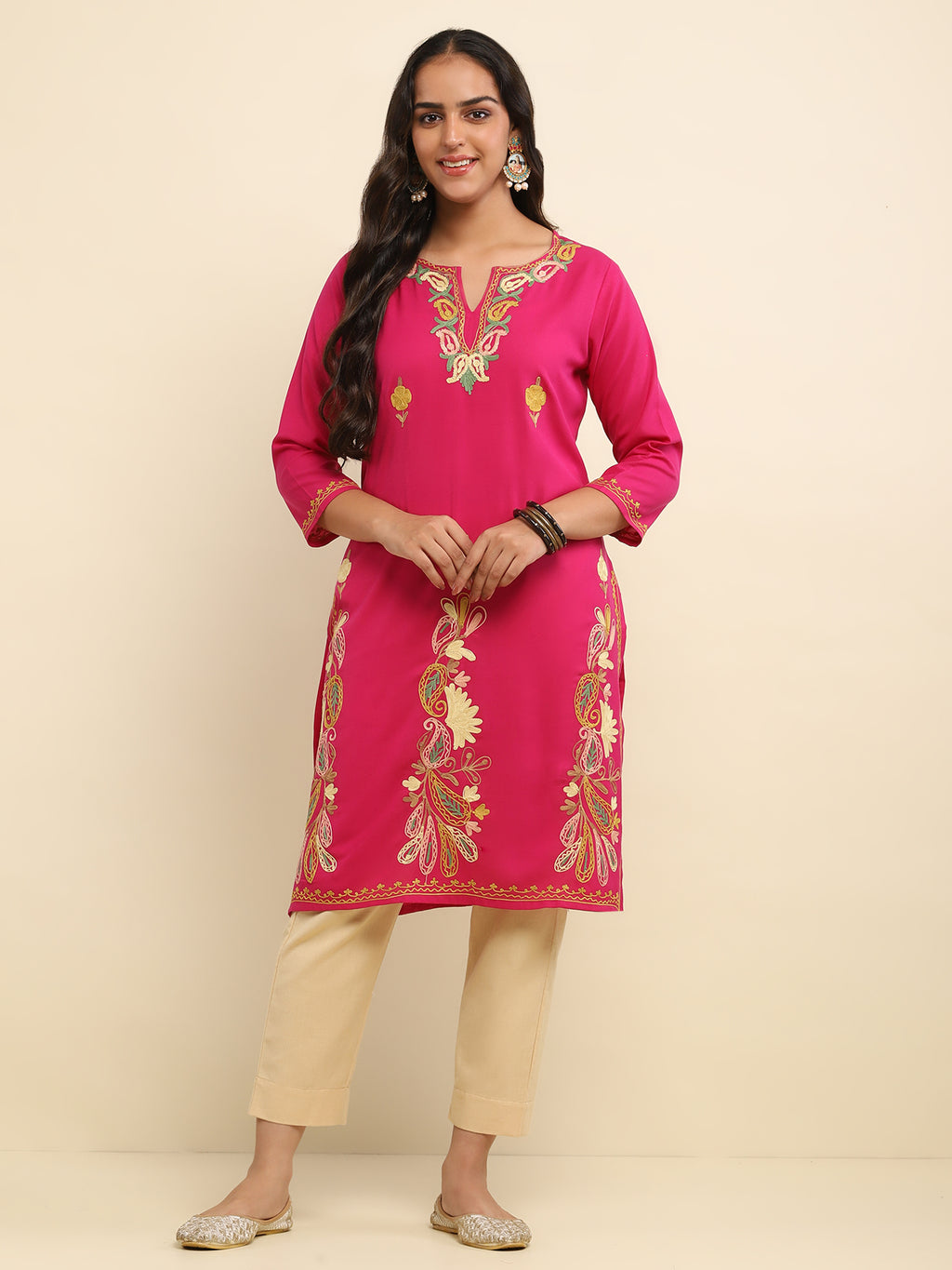 Aari Embroidered Cotton Solid Women's Long Kurta- Fuchsia Pink