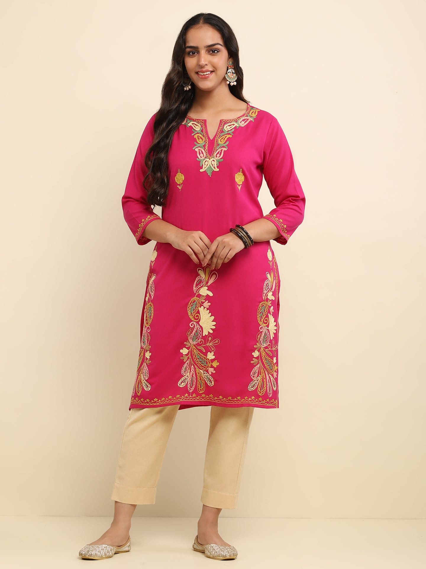 Aari Embroidered Cotton Solid Women's Long Kurta- Fuchsia Pink