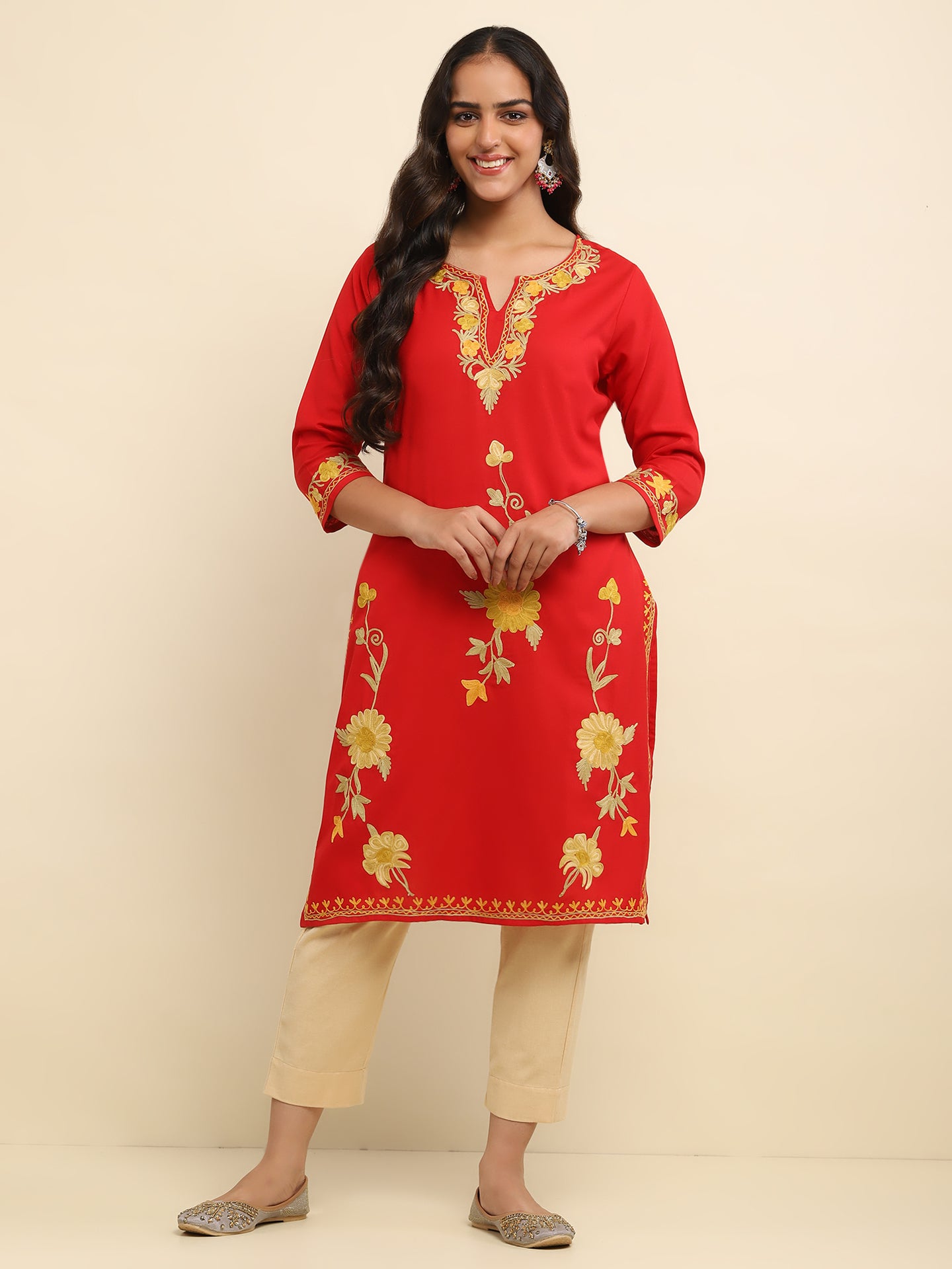 Aari Embroidered Cotton Solid Women's Long Kurta- Red