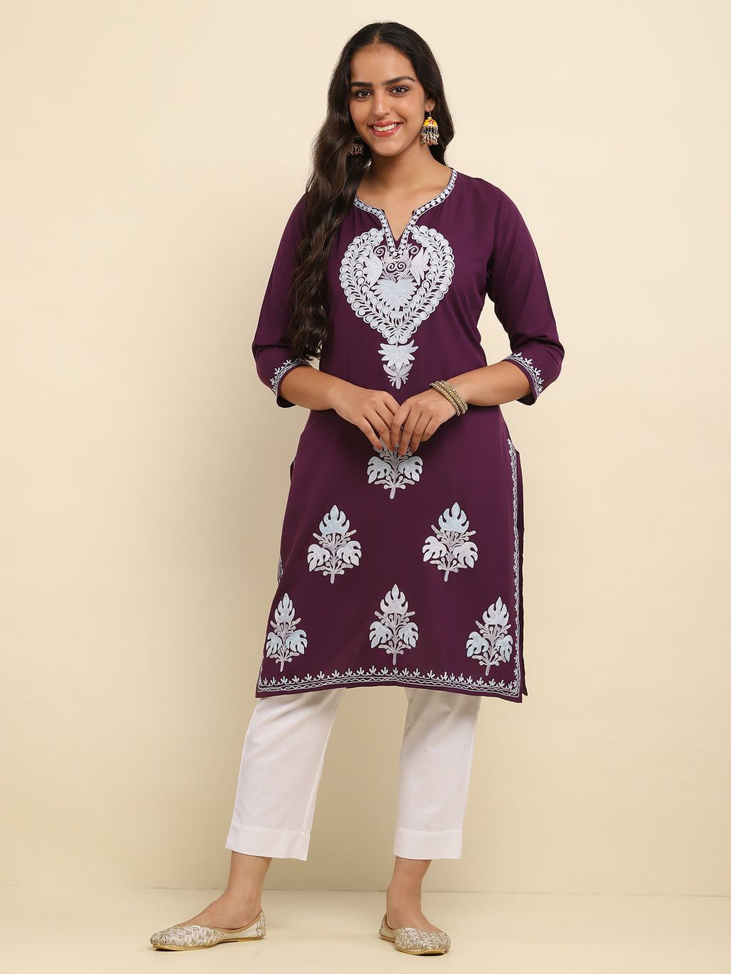 Aari Embroidered Cotton Solid Women's Long Kurta- Purple